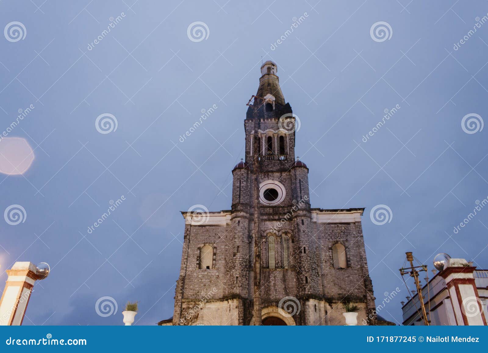 cuetzalan, puebla / mexico-january 29, 2020. panoramic view of the city at night, including the parish church of san francisco de