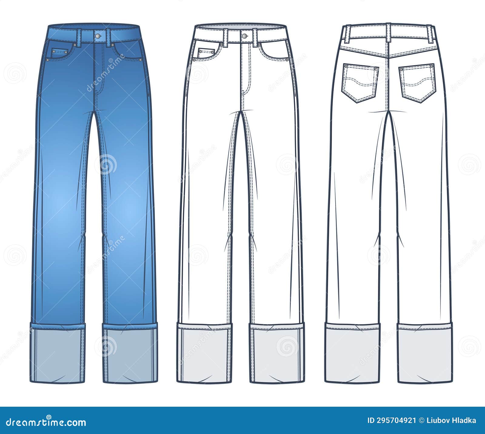 Cuff Jeans Pants Technical Fashion Illustration. Denim Pants Fashion ...