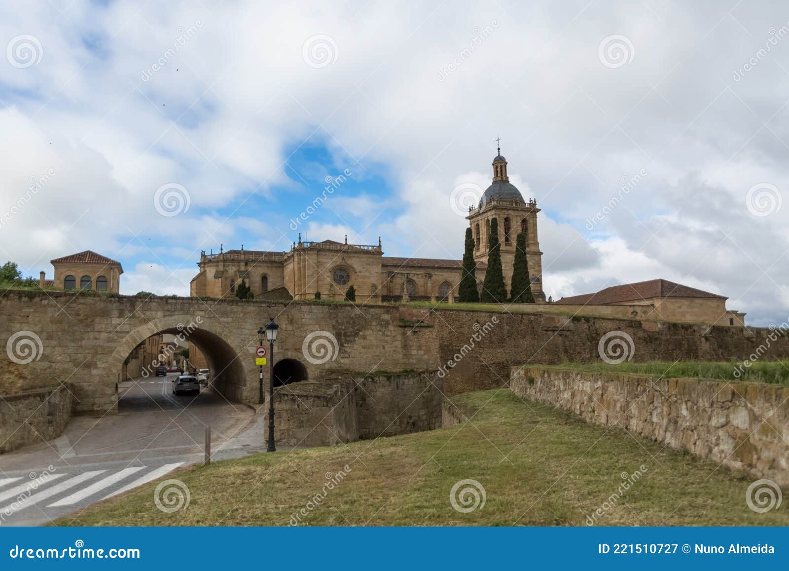 majestic front view at the fortress gate and iconic spanish romanesque architecture building at the cuidad rodrigo cathedral,