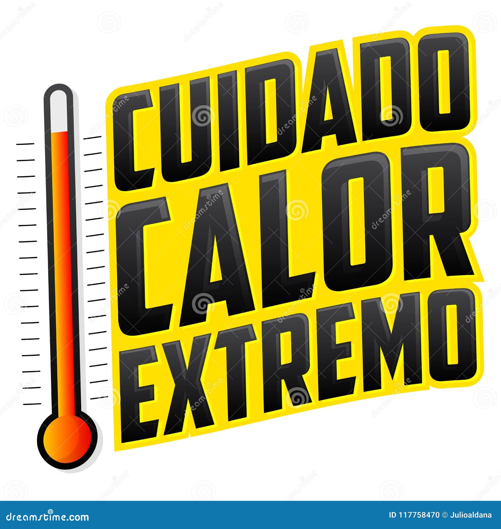 cuidado calor extremo, caution extreme heat spanish text, warning emblem with thermometer.