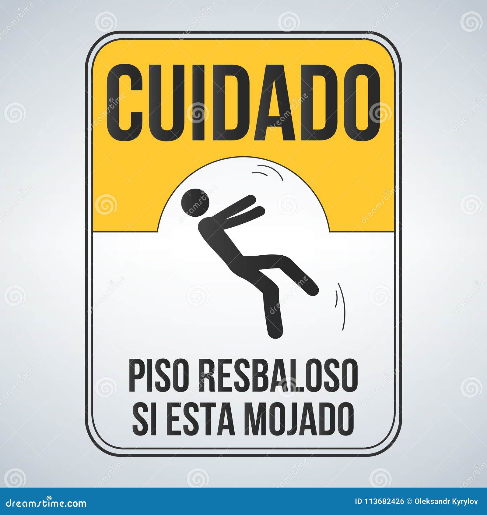 cuidado piso resbaloso si esta mojado. caution wet floor spanish sign, yellow sign with falling man in modern style.  vect