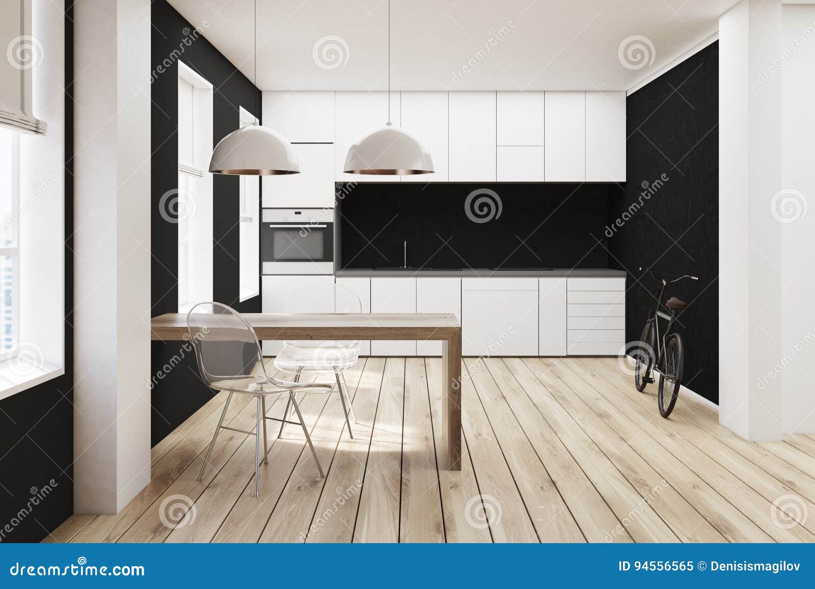 Cuisine Blanche Et Noire Plancher En Bois Illustration