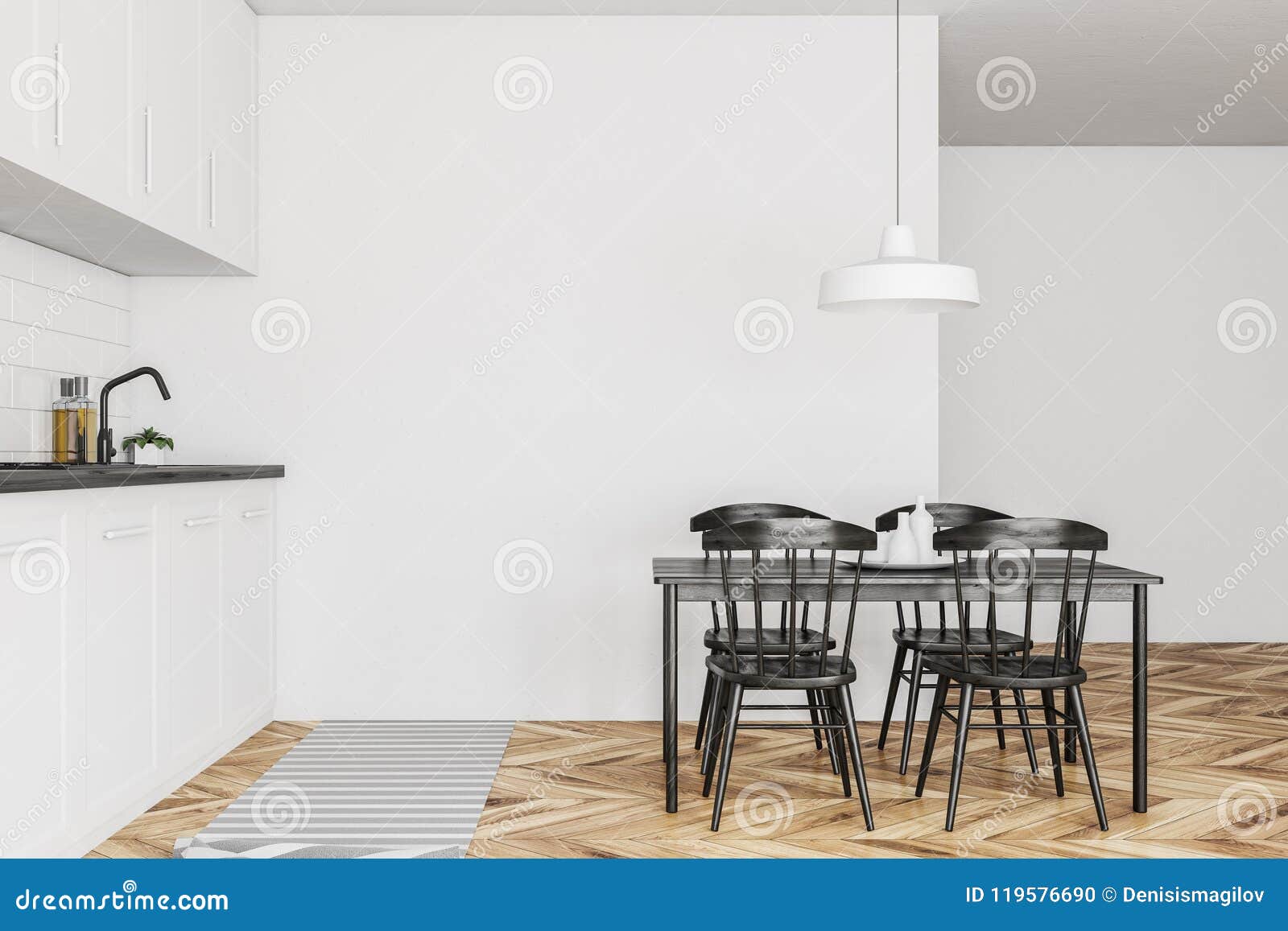 Cuisine Blanche Intérieure Table Noire Bois Illustration