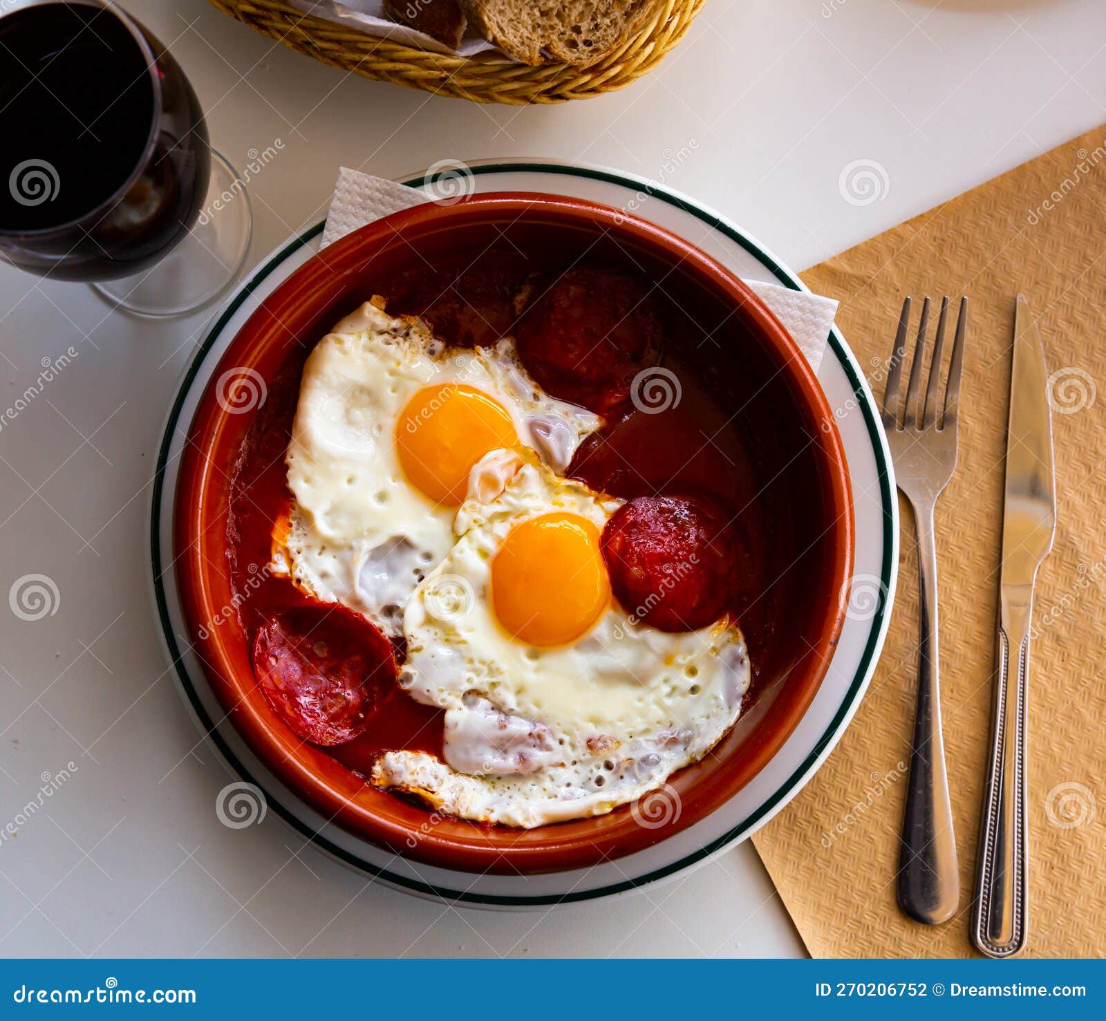 Cuisine of Spain, Fried Eggs with Chorizo Sausages and Tomato Paste