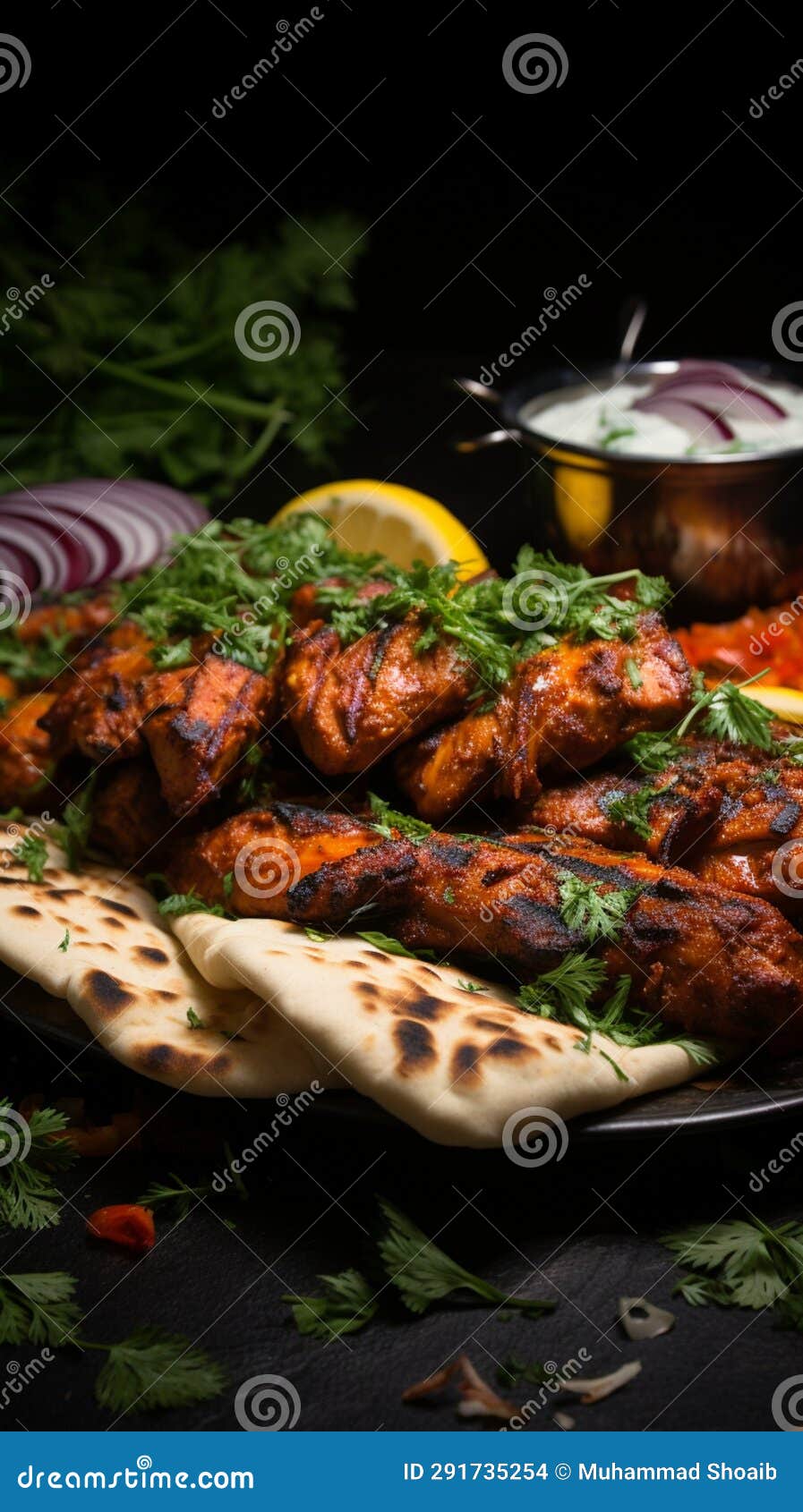 culinary harmony chicken kebab on lavash, served with fresh herbs, onion, and tangy adjika