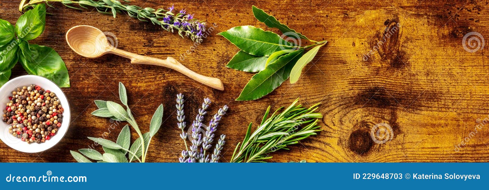 culinary herbs panorama with bay leaf and a place for text, shot from the top