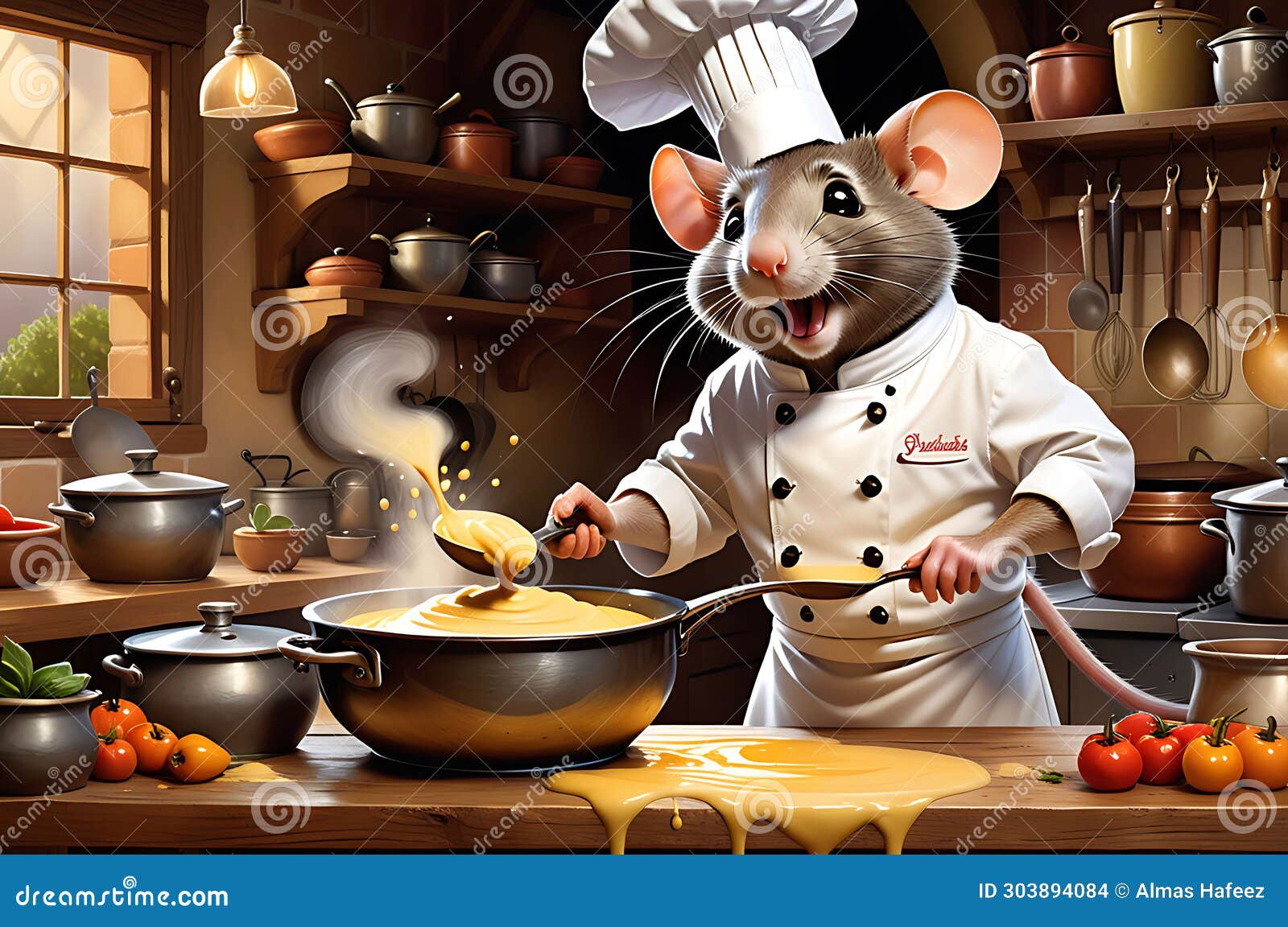 culinary maestro: rat dressed in a professional chef's uniform whisking a bowl on a wooden kitchen bench