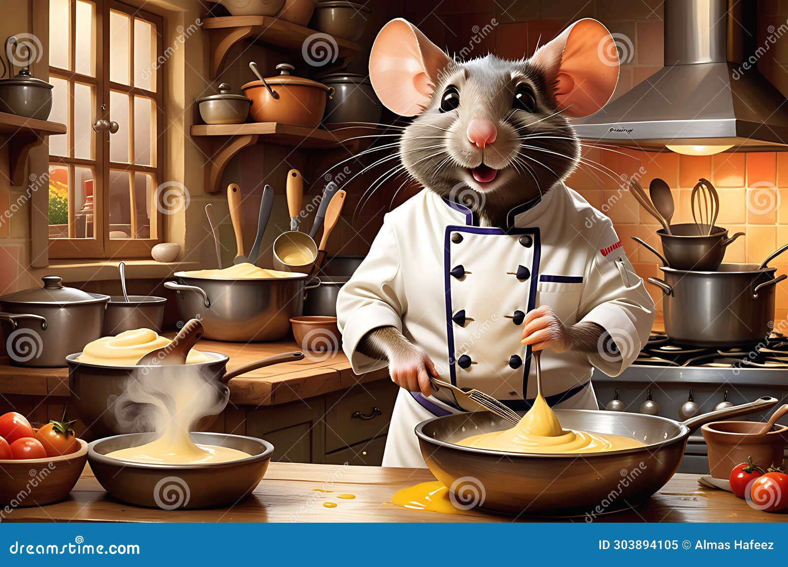 culinary maestro: rat dressed in a professional chef's uniform whisking a bowl on a wooden kitchen bench