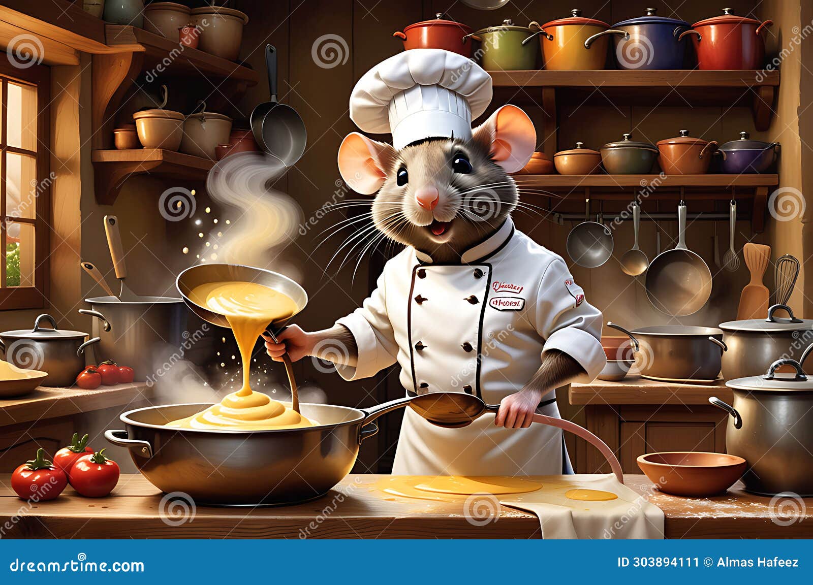 culinary maestro: rat dressed in a professional chef's uniform whisking a bowl on a wooden kitchen bench