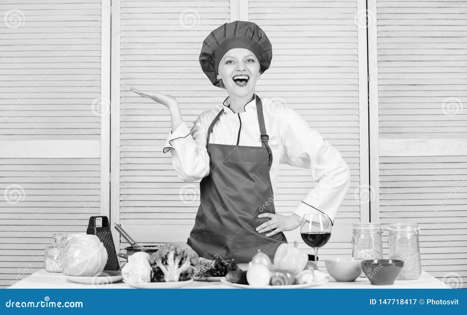 Culinary Show Concept. Woman Pretty Chef Wear Hat and Apron. Delicious ...