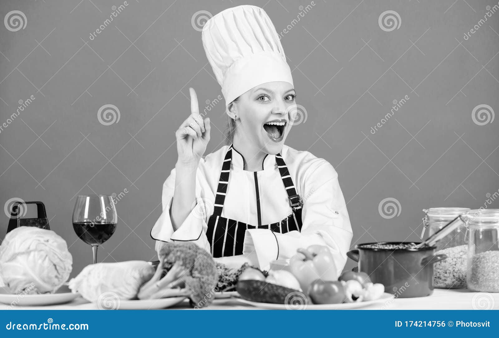 Culinary Skills. Woman Chef Wear Hat Apron Near Table Ingredients. Girl ...