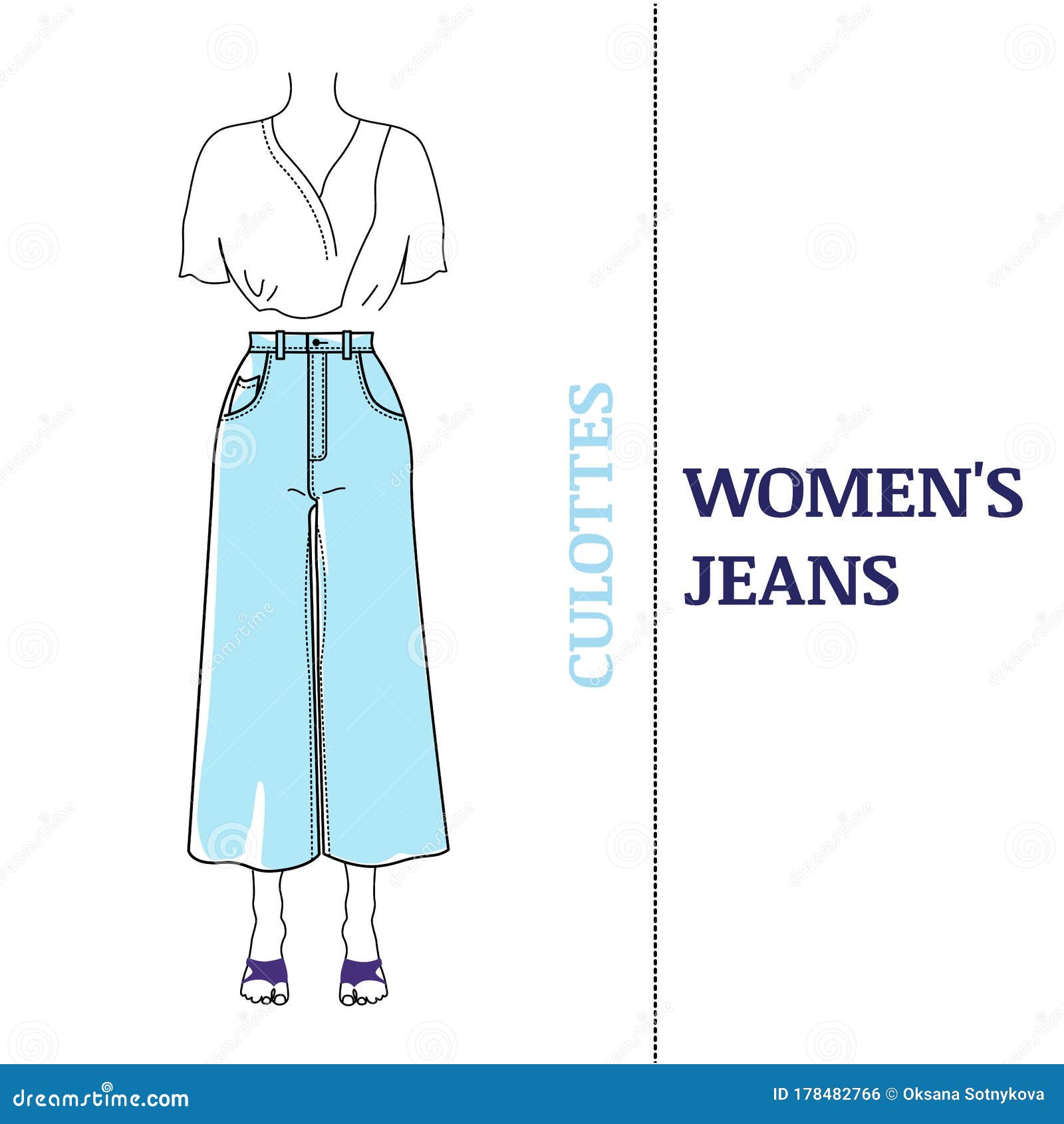 Women`s Blue Culottes Jeans with Loose Silhouette. Stock Vector ...