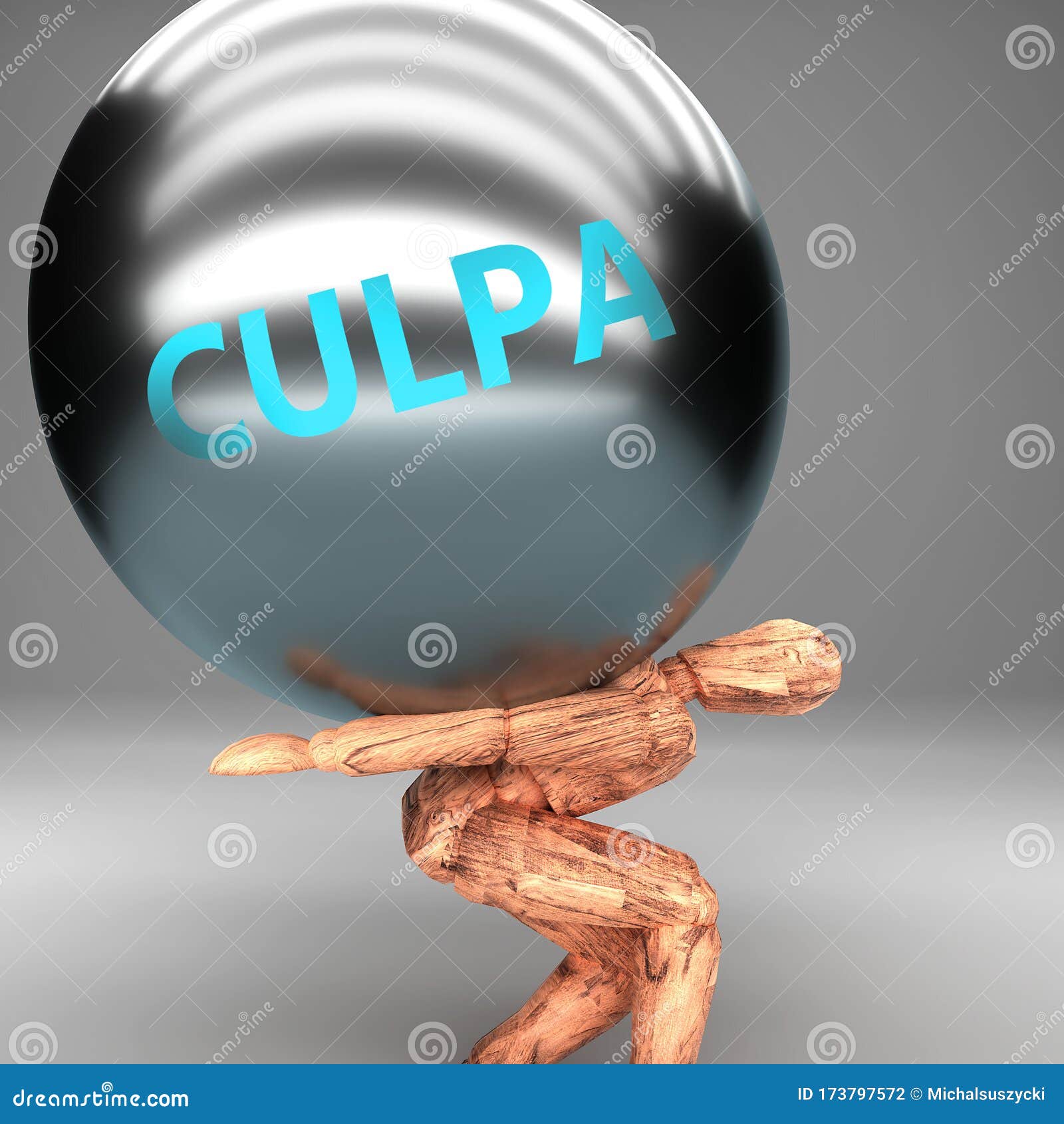 culpa as a burden and weight on shoulders - ized by word culpa on a steel ball to show negative aspect of culpa, 3d