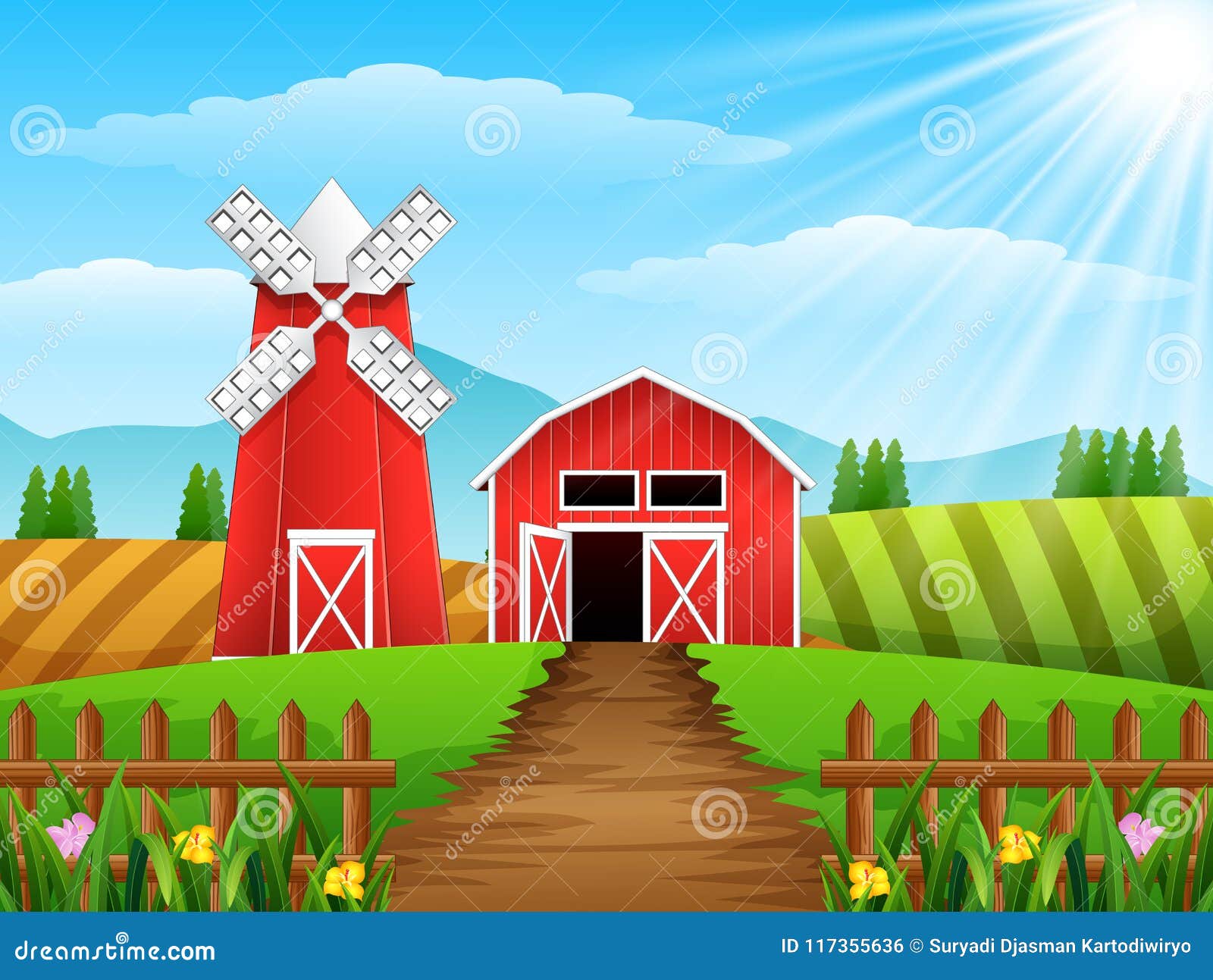 Cultive El Paisaje Con La Vertiente Y El Molino De Viento Rojo En Luz Del  Día Ilustración del Vector - Ilustración de granja, cerca: 117355636