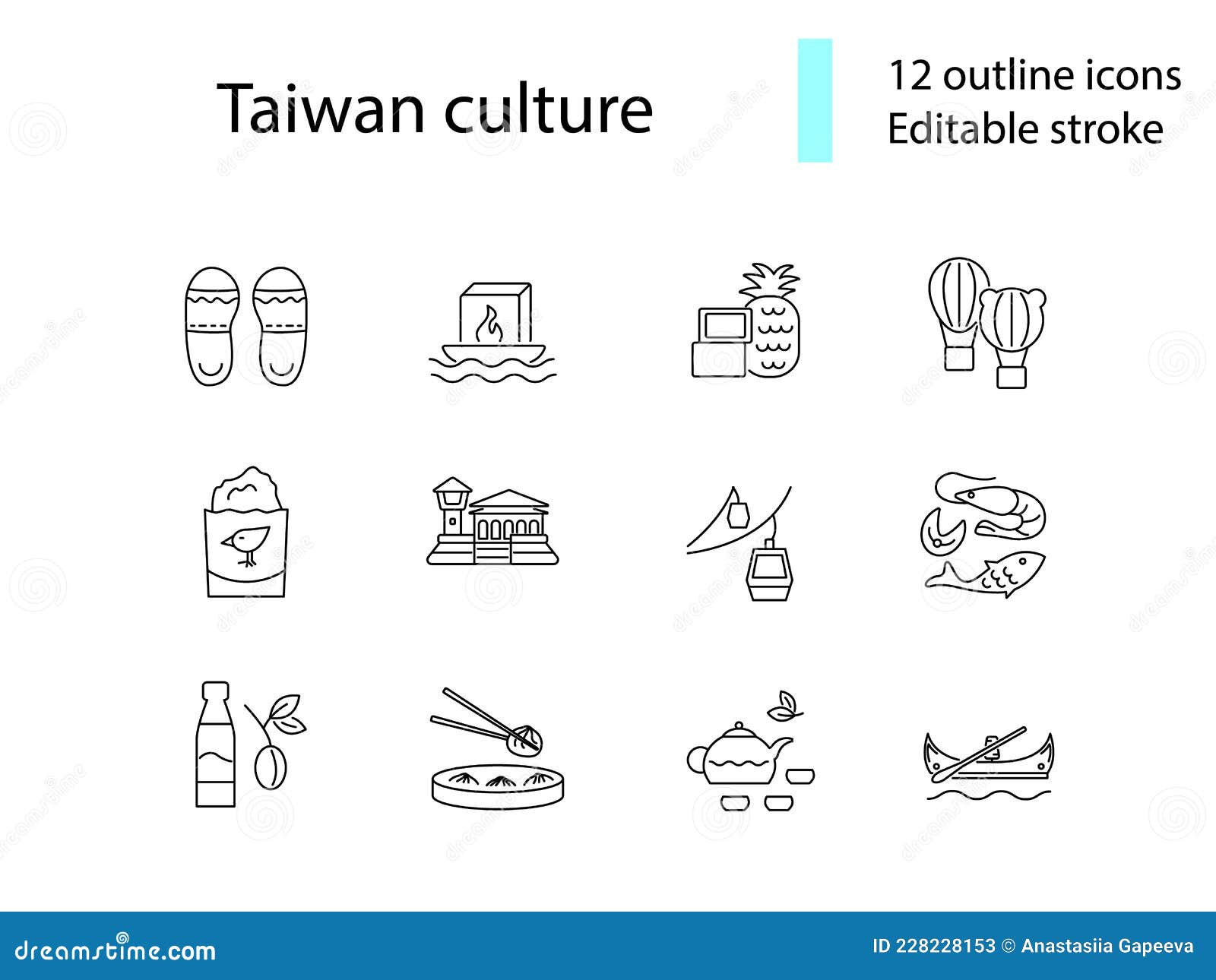 culture of taiwan outline icons set. taiwanes items. travel guide. editable stroke.   