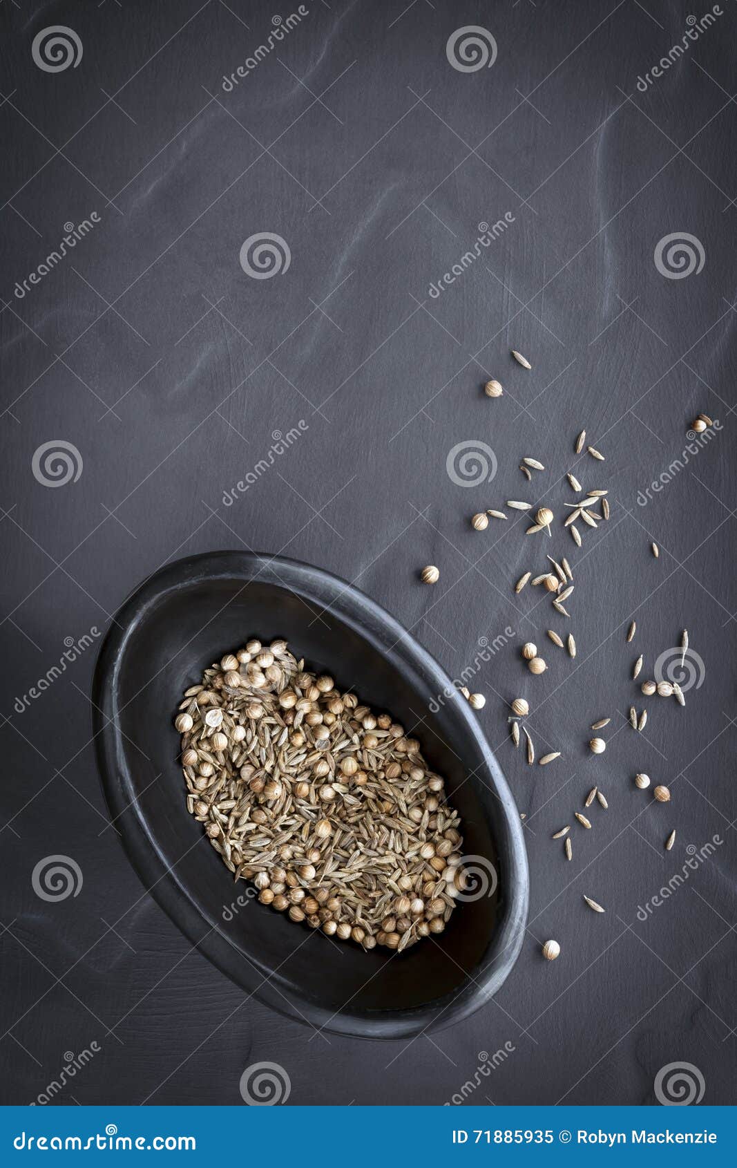 Cumin and Coriander Seeds in Black Bowl Over Slate Overhead View Stock