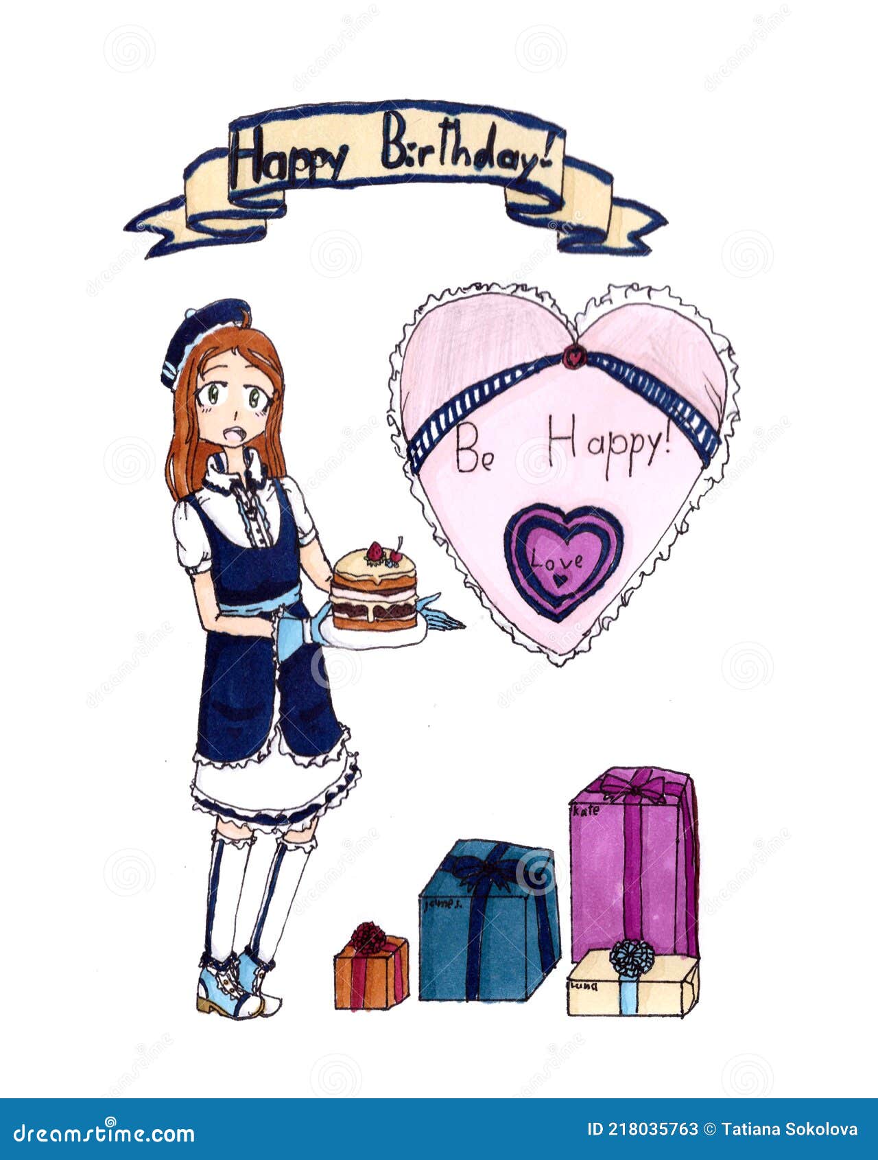 Cumpleaños Dibujo Una Chica Con Un Pastel Y Regalos Ilustración del Vector  - Ilustración de uniforme, pelo: 218035763