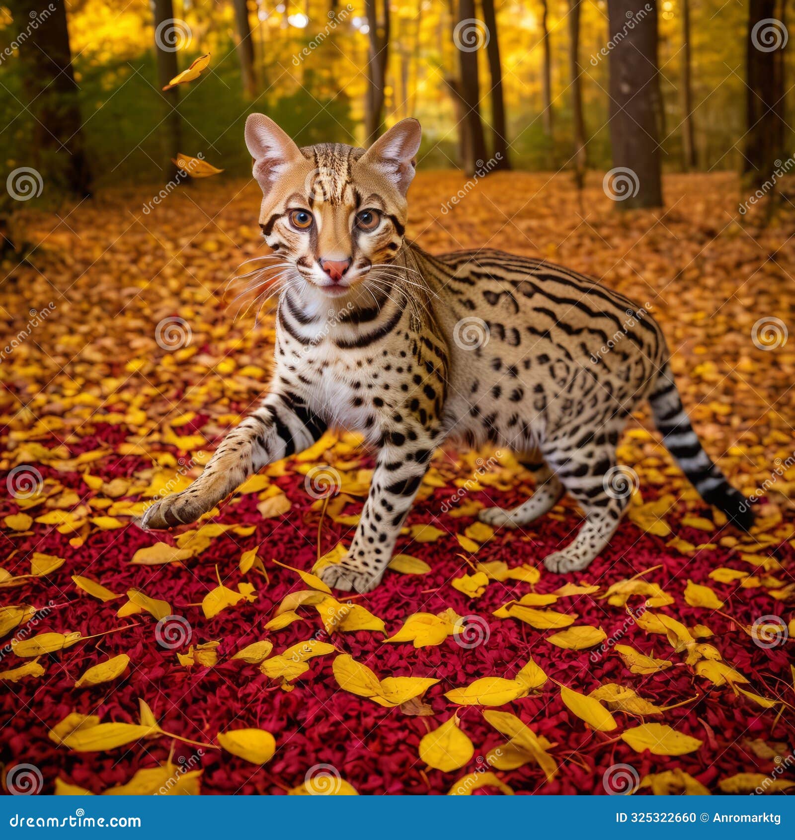 a cunaguaro (ocelot) playfully swatting at falling leaves in an autumn forest