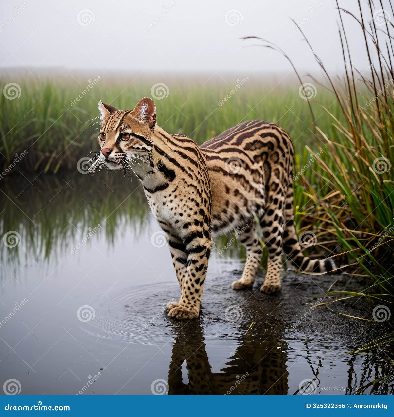 a cunaguaro (ocelot) standing at the edge of a foggy marsh the reeds rustling in the breeze and the water reflecting the gray sky