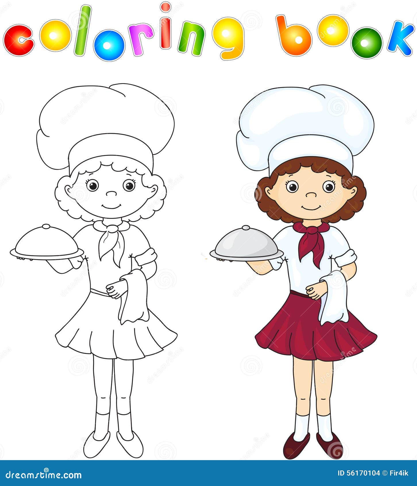 Cuoco o cameriere in loro uniforme con il piatto chiuso Libro di coloritura Libera da Diritti
