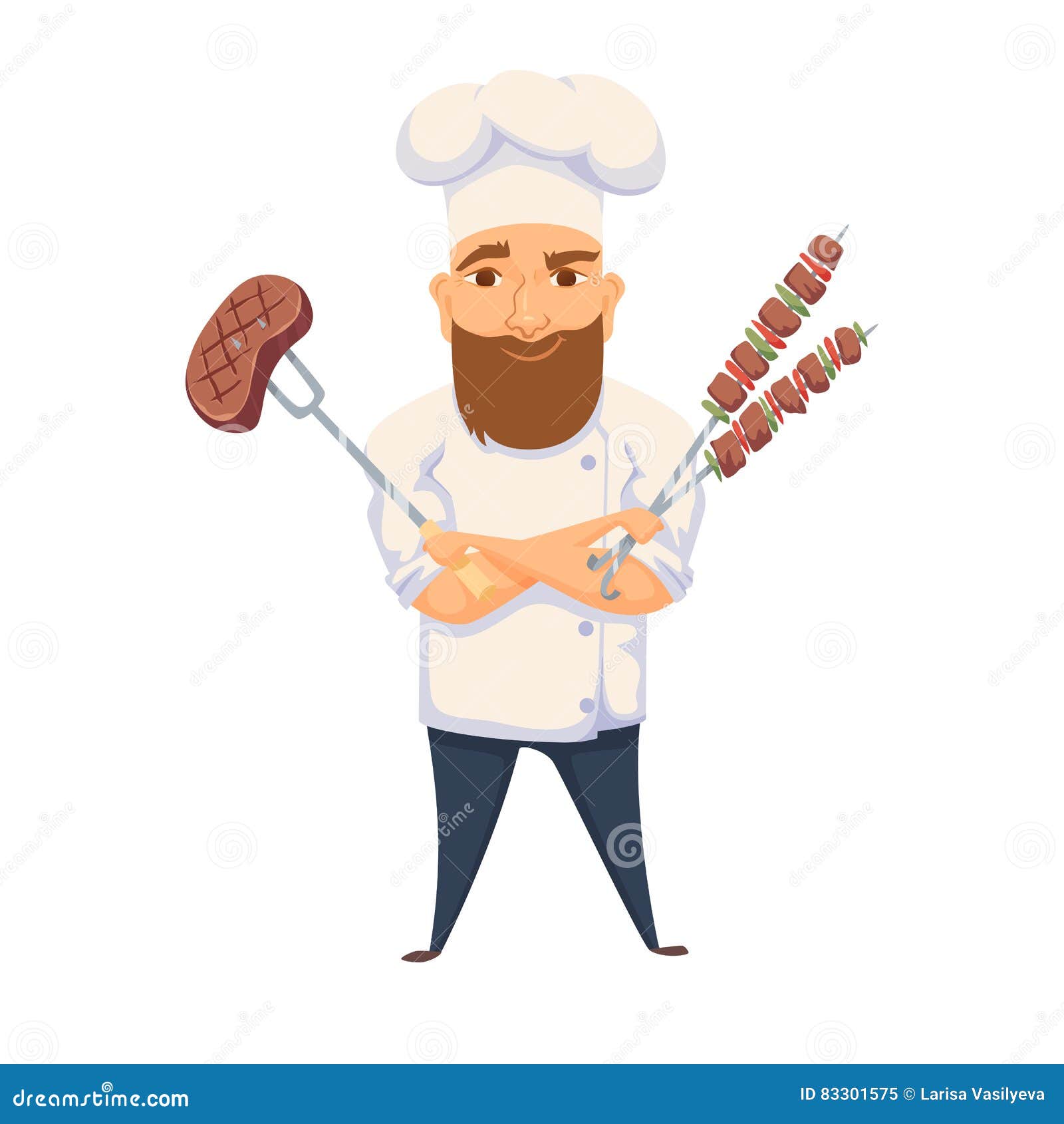 Cuoco unico che cucina BBQ nella cucina dell'hotel o del ristorante Cuoco sveglio nella bistecca e nella verdura uniformi della carne del barbecue della tenuta Kitchener di sorriso del fumetto che produce alimento sul picnic Servizio matrice professionale di approvvigionamento