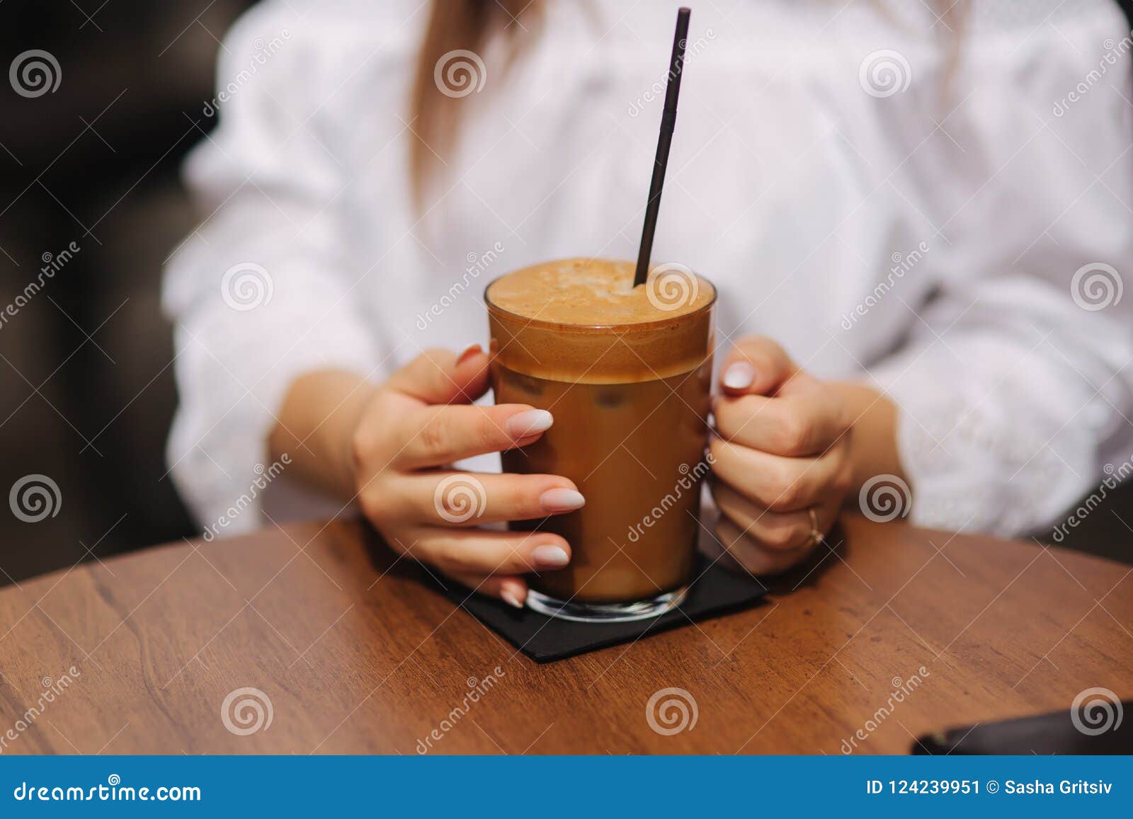 Cup of Big Latte Portion. Close Up Hands Hold Cup Stock Image - Image