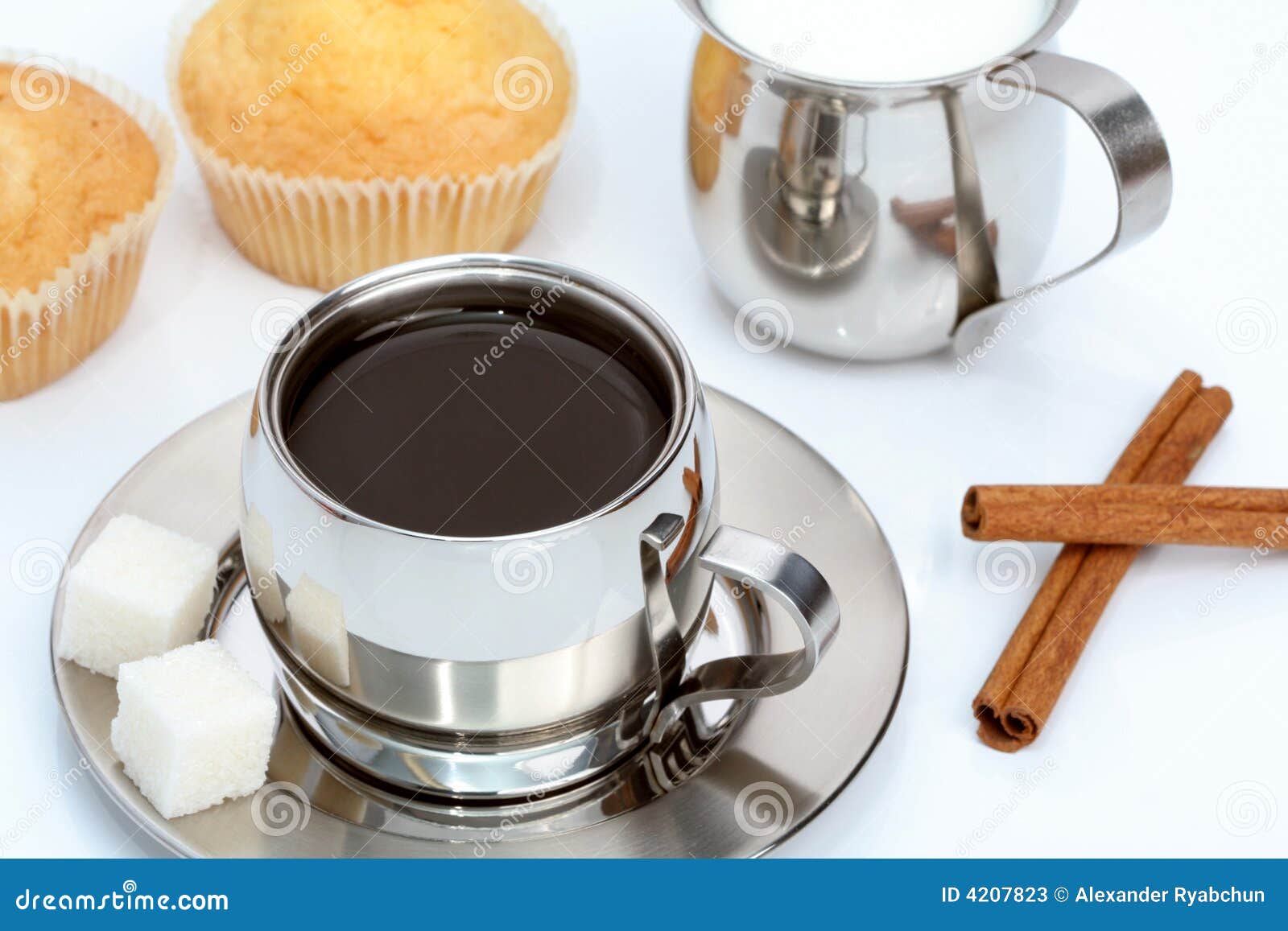 Cup of Black Coffee with Muffin, Milk and Cinnamon Stock Image Image