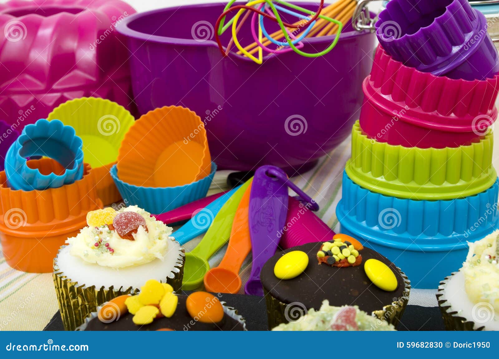 Cup Cakes and Cooking Utensils Stock Photo Image of jars, cutters