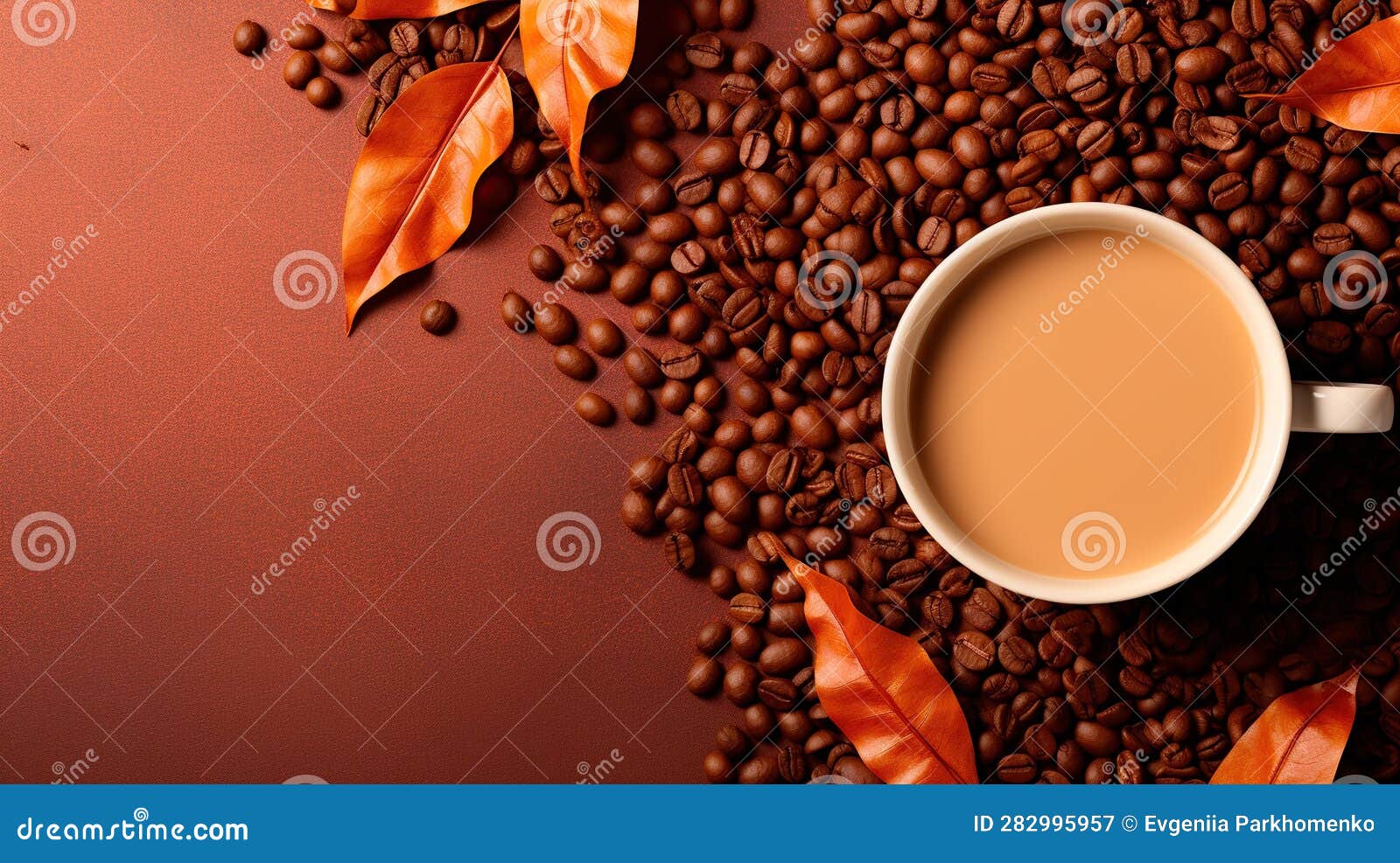 A Cup of Cappuccino with Foam Stands on a Table with Coffee Beans and