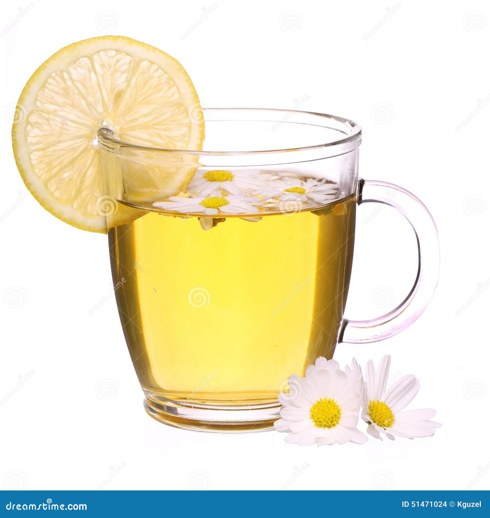 Cup of Chamomile Tea with Chamomile Flowers and Lemon Isolated Stock