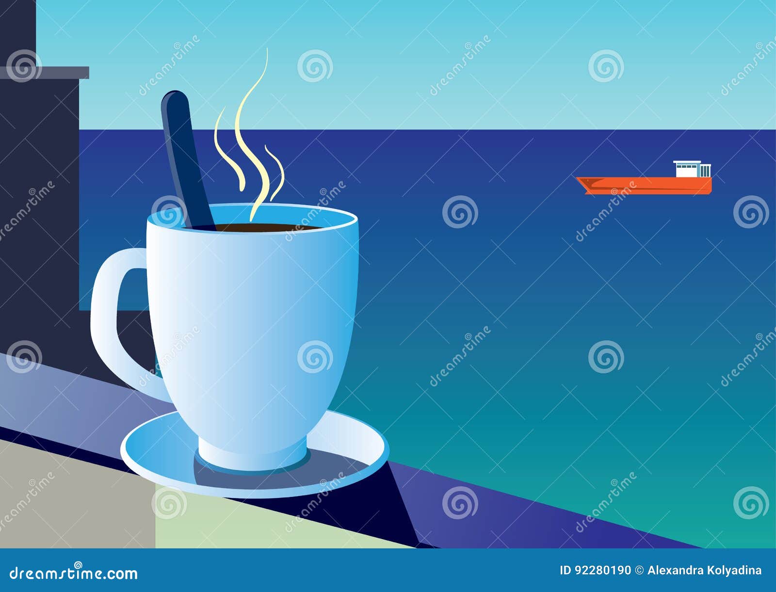 Cup of Coffee on the Background of the Sea and Sailboat Stock Vector