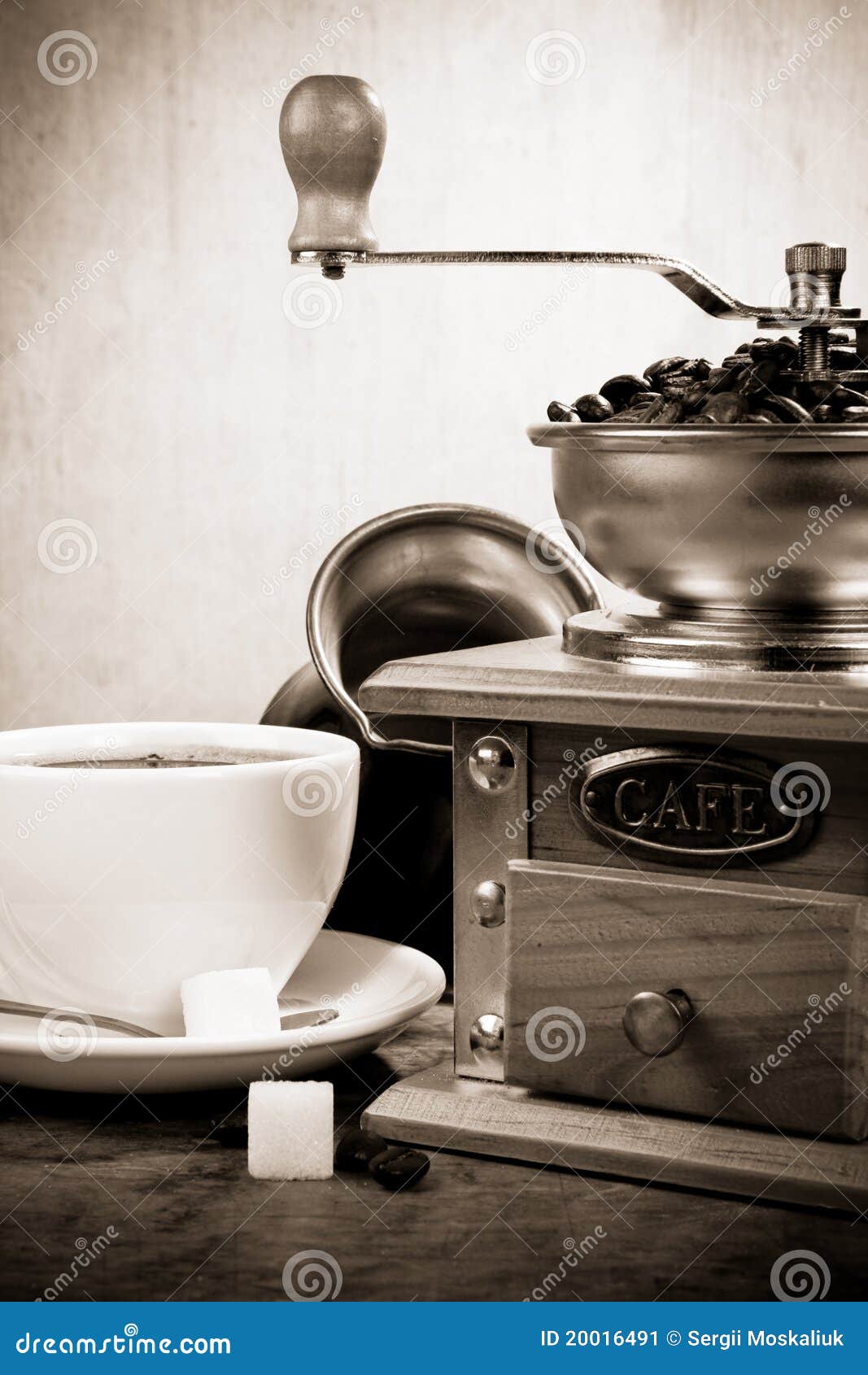 Cup Of Coffee, Beans, Pot And Grinder On Wood Stock Image Image of