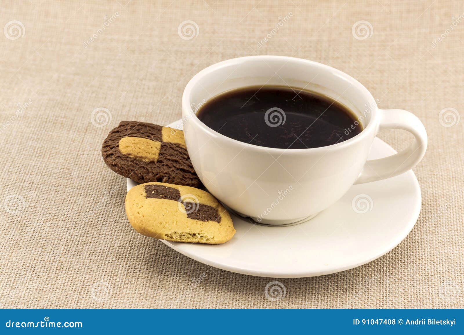 Cup of Coffee with Biscuit Chess Like Cookies on Burlap Sackcloth ...