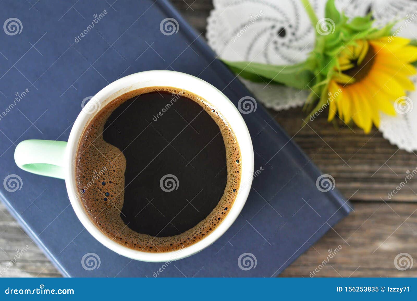 Cup of Coffee, Book and Sunflower Stock Image Image of table, rustic