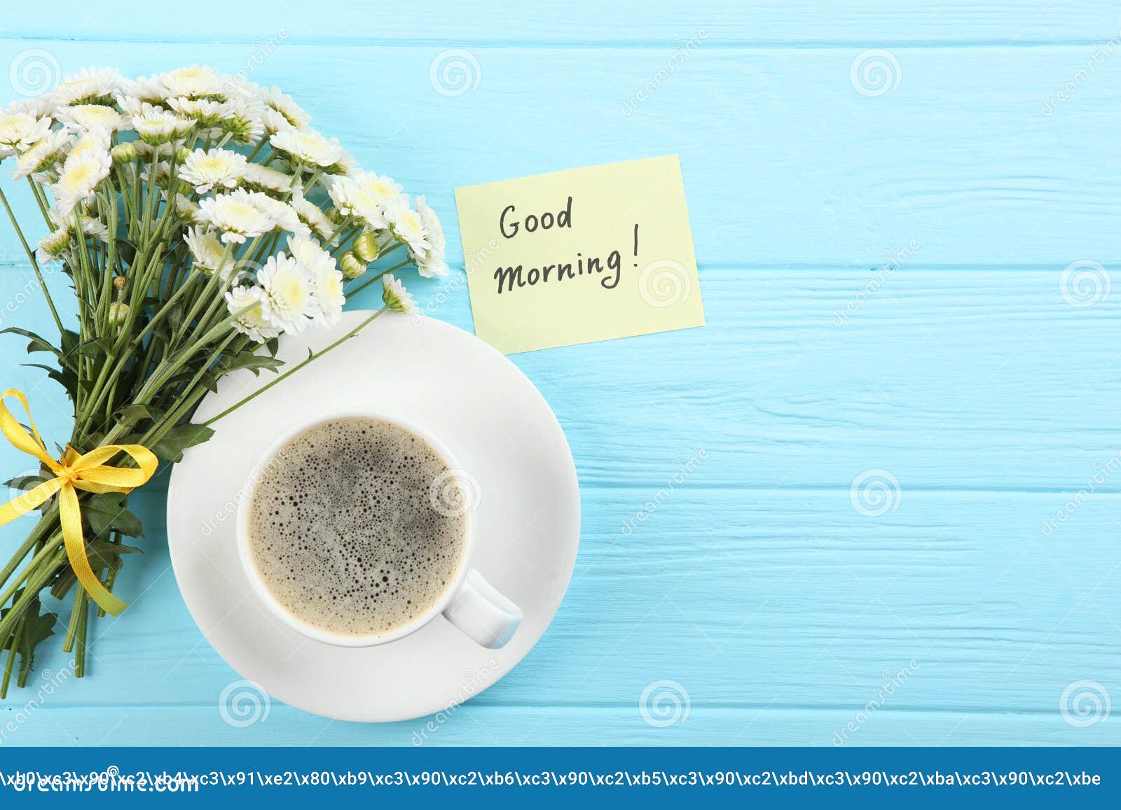 A Cup of Coffee, a Bouquet of Flowers and a Card with the Words Good ...