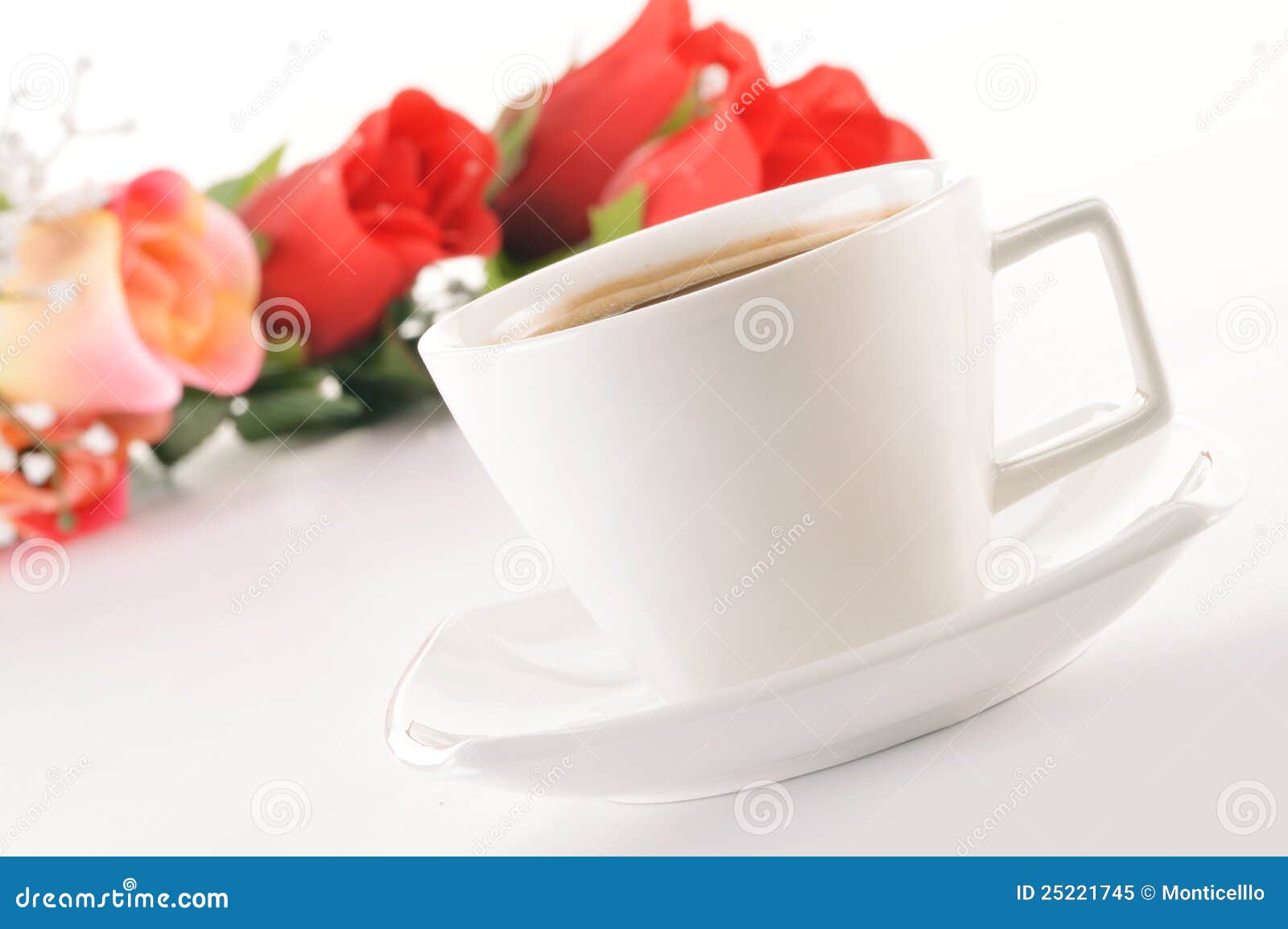Cup of Coffee and Bouquet of Roses Stock Image Image of isolated