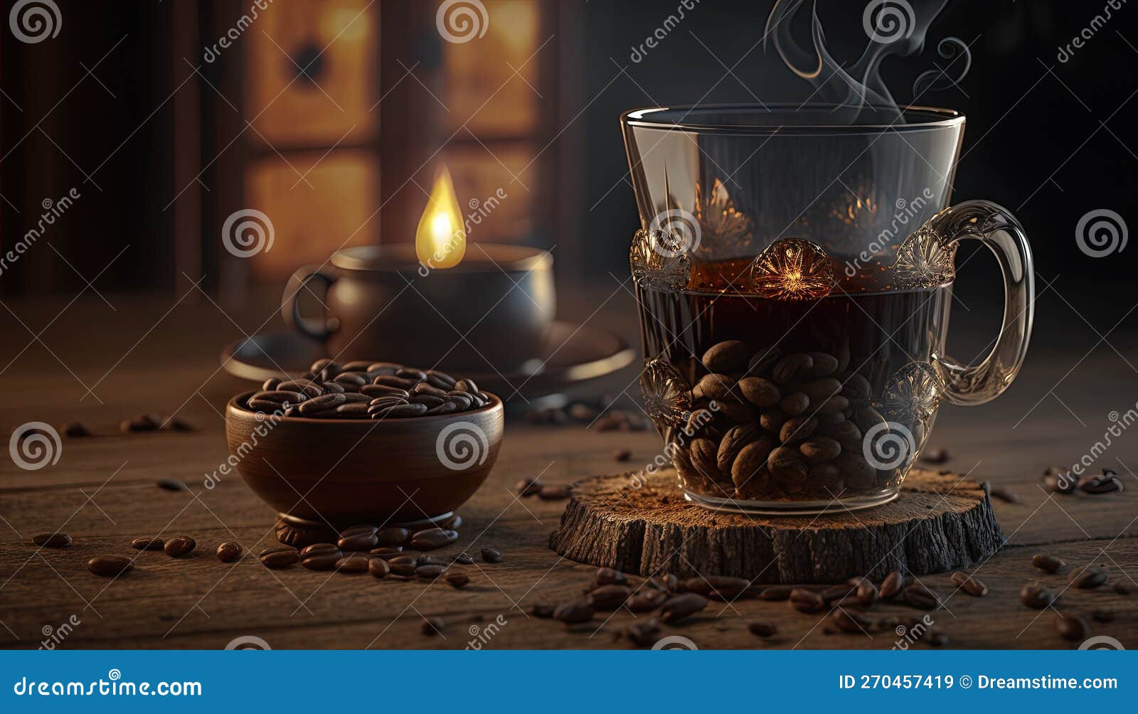 A Cup of Coffee and a Bowl of Beans on a Table. Stock Illustration