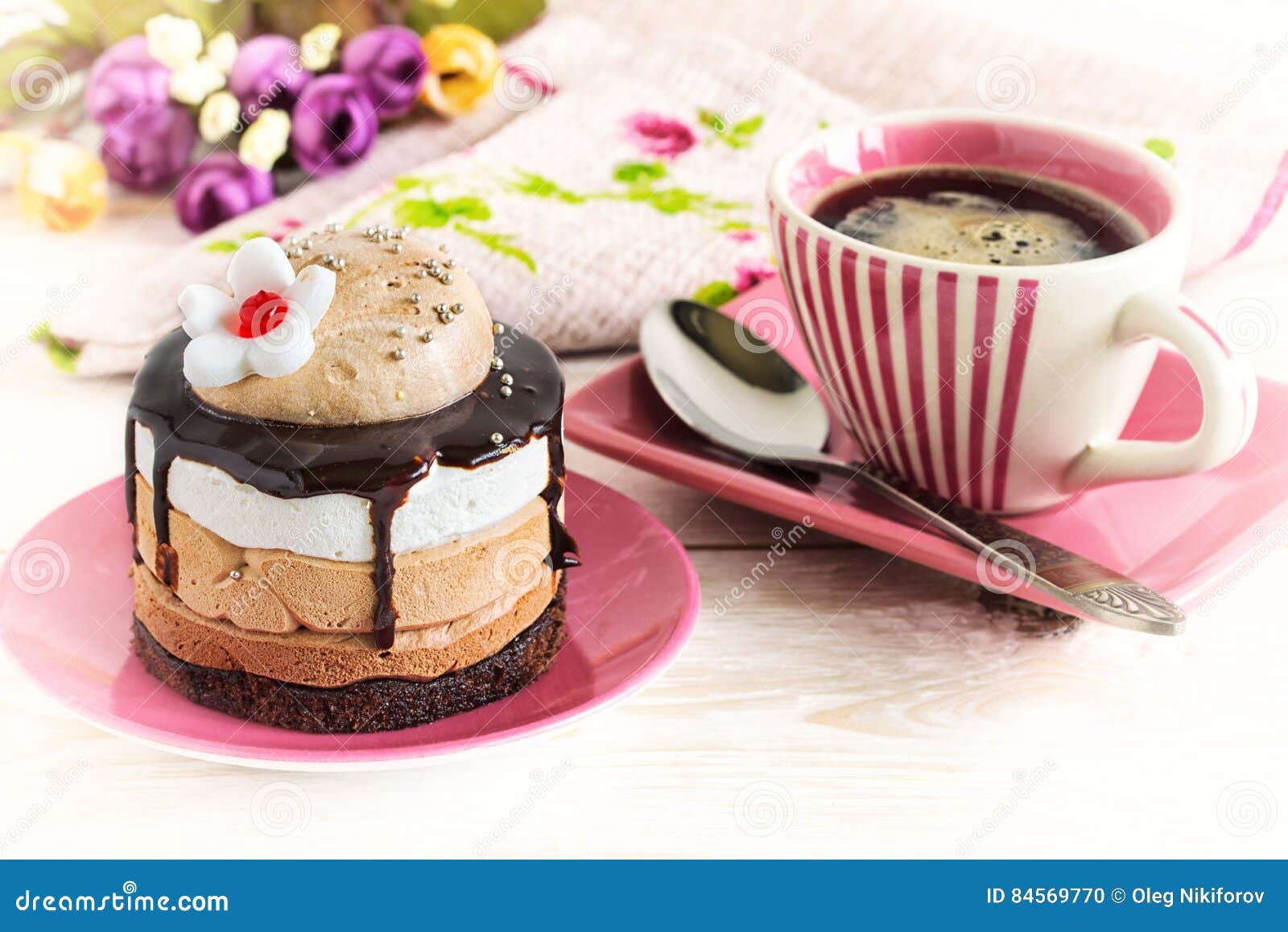 Cup of coffee and cake stock photo. Image of dessert 84569770