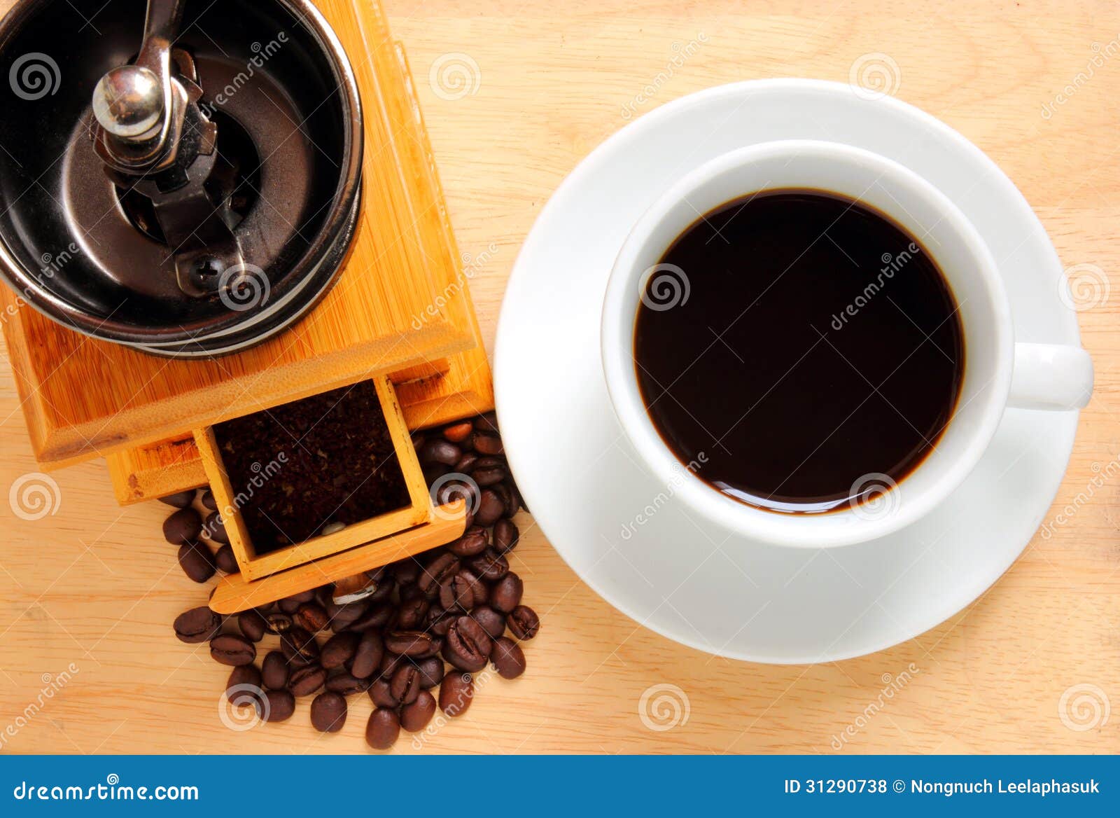 Cup of Coffee with Coffee Grinder and Beans Stock Photo Image of