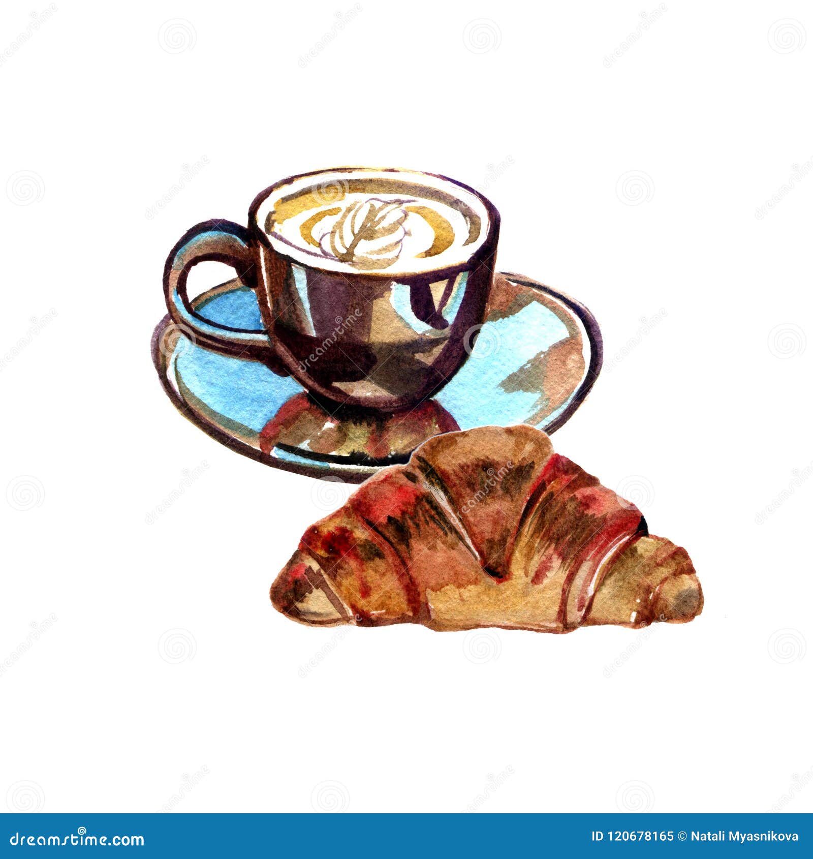 Cup Of Coffee And Croissant Watercolor Painting Illustration On White Background Stock Illustration Illustration Of Crispy Cappuccino 120678165