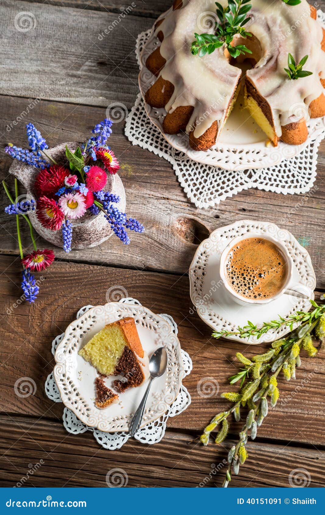 Cup of Coffee, Easter Cake and Spring Flowers Stock Image - Image of ...