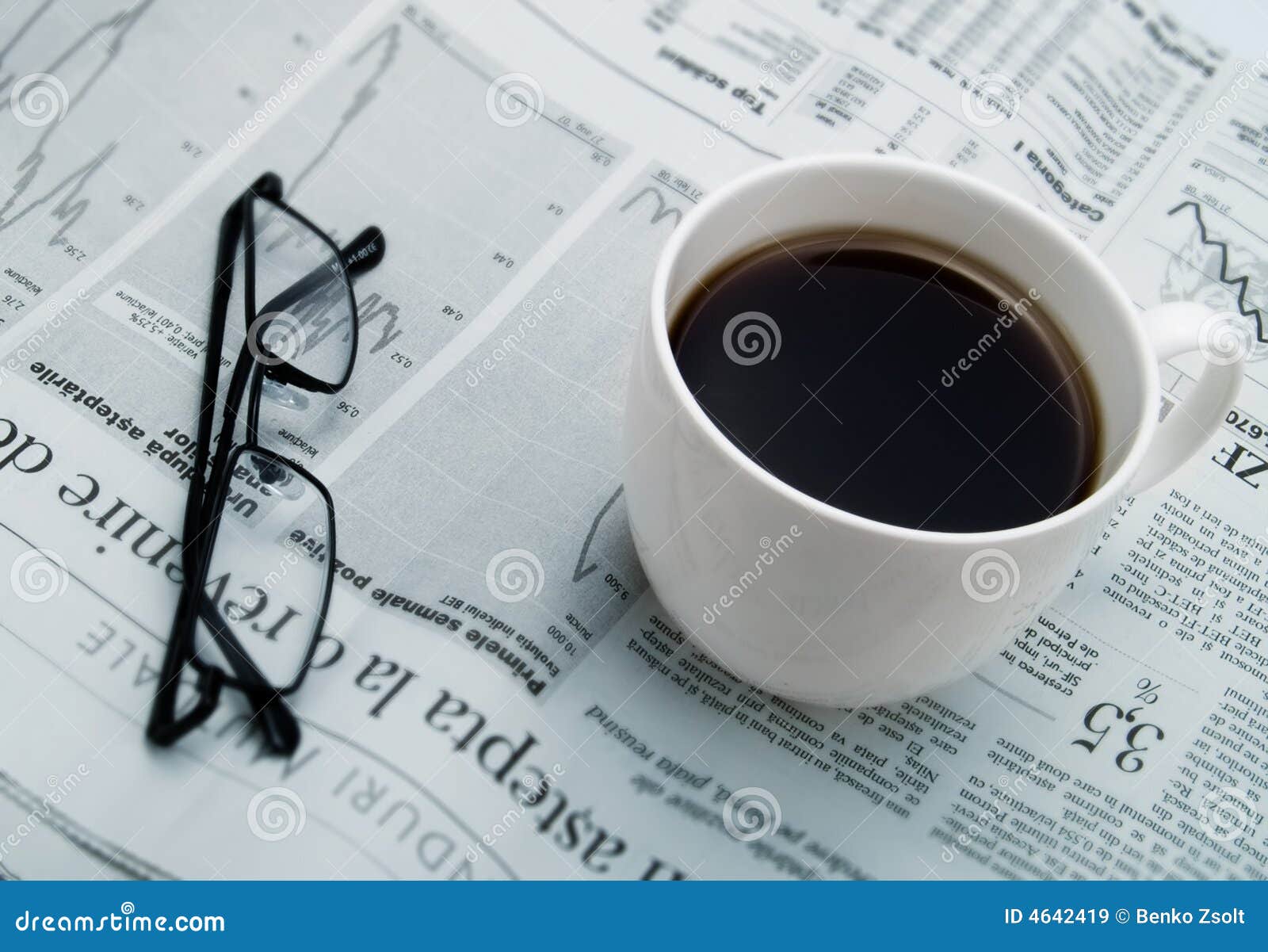 A Cup of Coffee, Glasses and a Newspaper Stock Image Image of