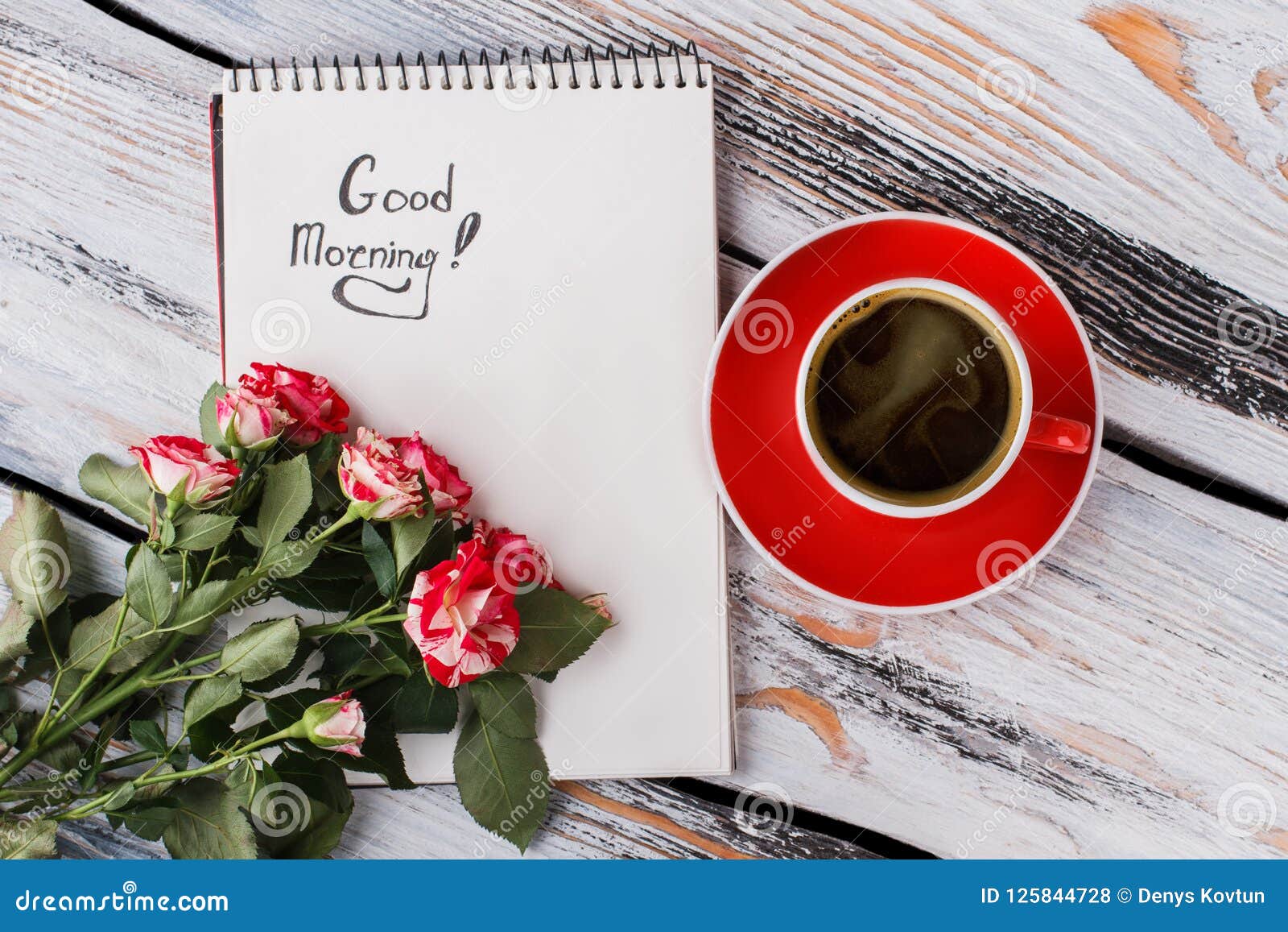 Cup of Coffee, Hybrid Rose Flowers and Good Morning Note. Stock ...