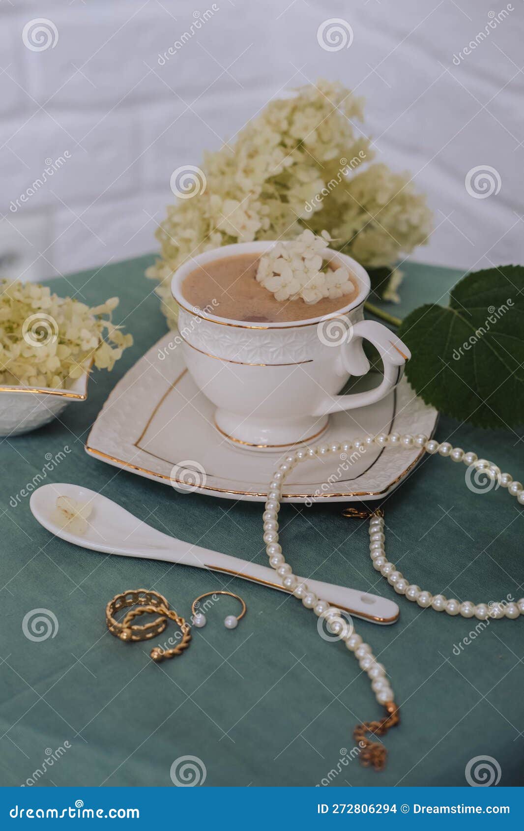 Cup of Coffee with Hydrangea Flowers and Pearls Stock Photo Image of