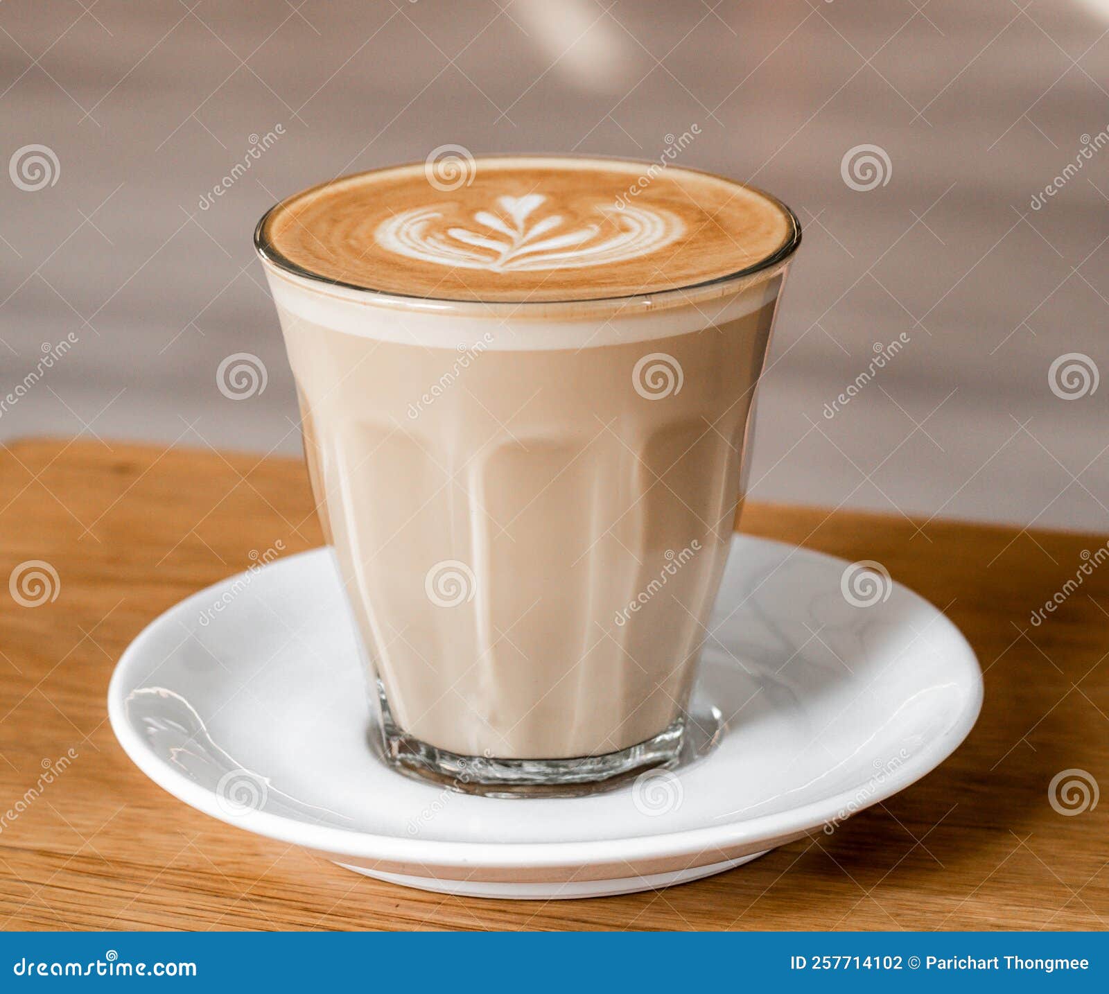A Cup of Coffee Latte Top View with Leaf Shape Foam Stock Photo - Image