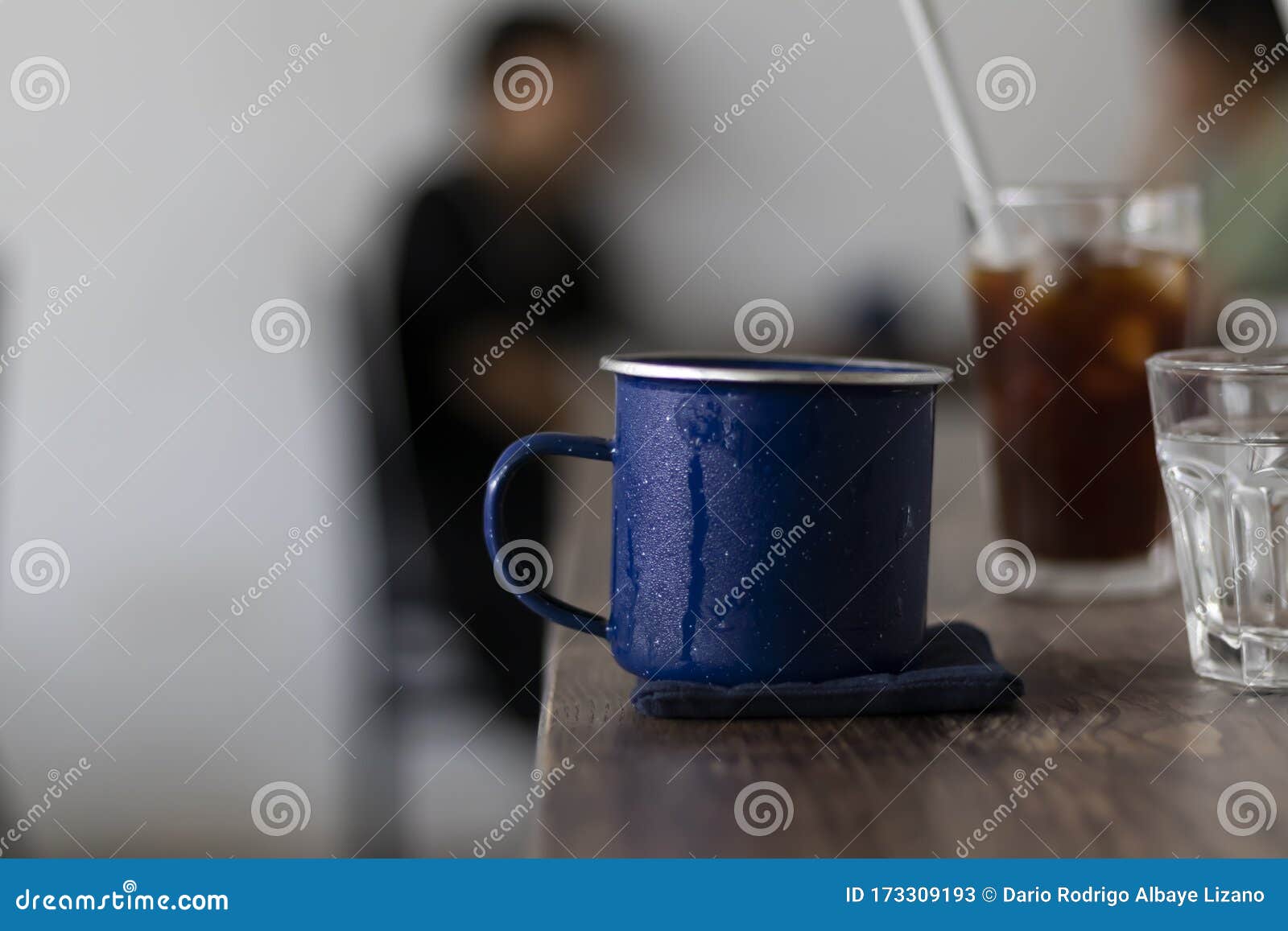 Cup of Coffee Metal Blue Cup in a Coffee Shop Stock Image Image of