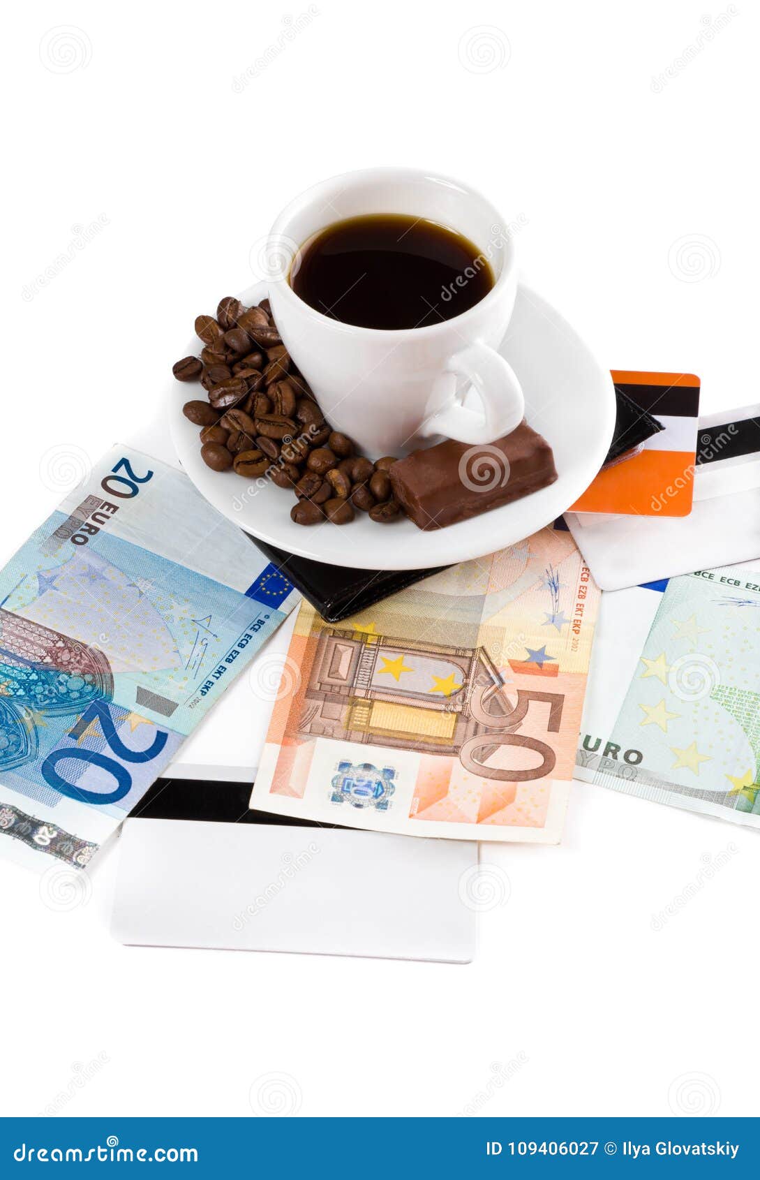 Cup of Coffee with Money and Credit Card. Stock Image Image of
