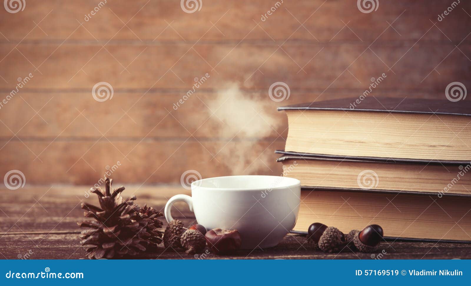 Cup of Coffee and Pine Cone with Books Stock Image Image of lunch