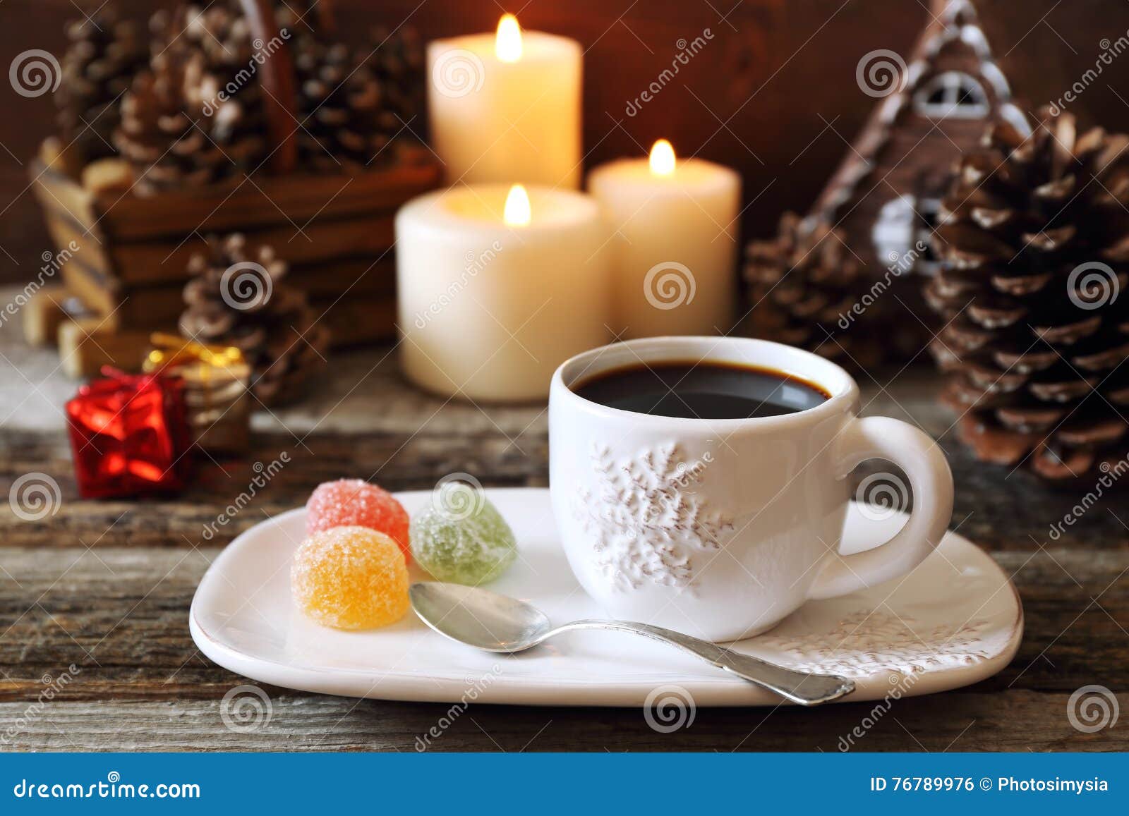 cup coffee pine cones burning candles colorful candy new year composition 76789976