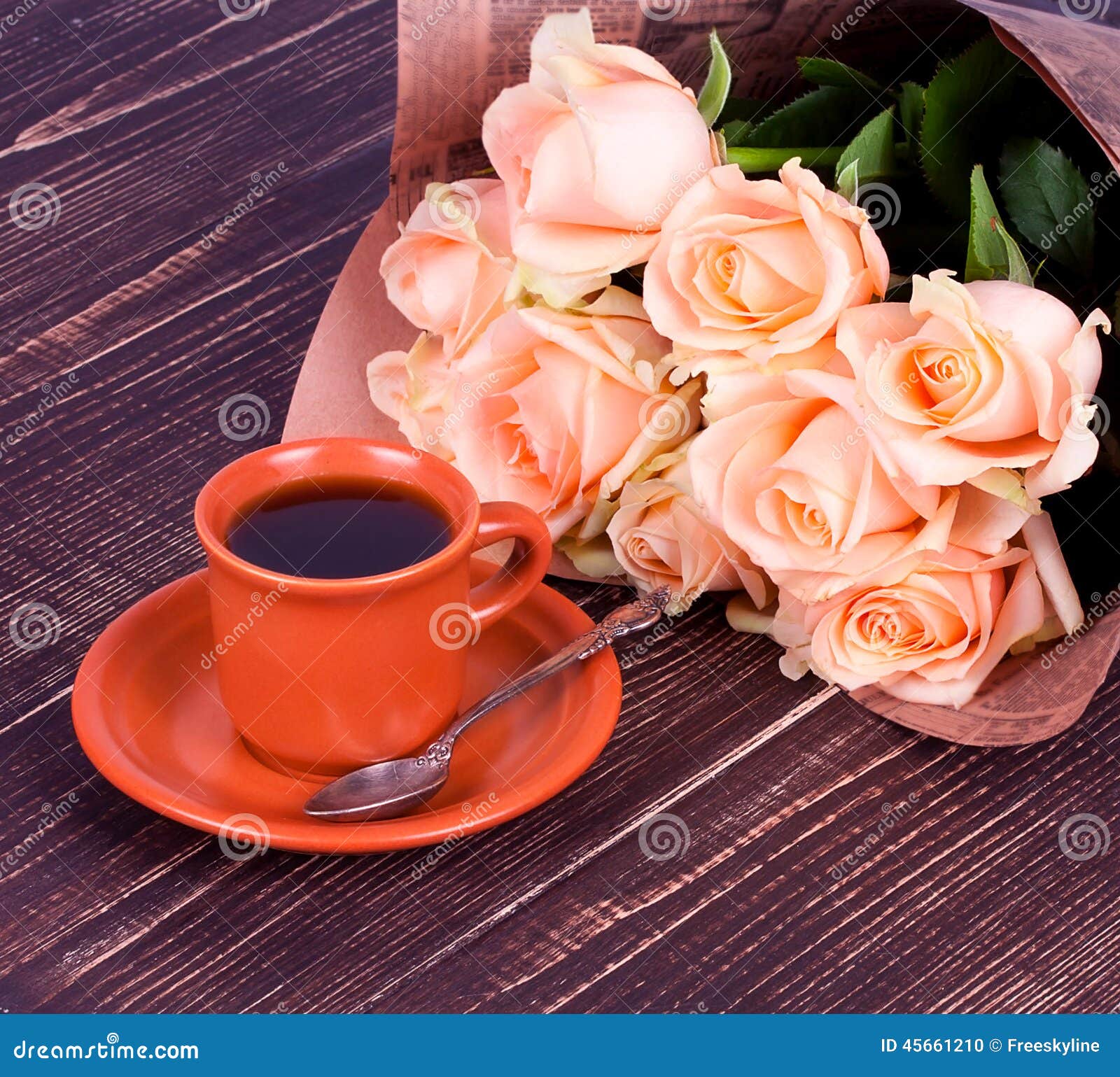 Cup of coffee and roses stock photo. Image of roses, love 45661210
